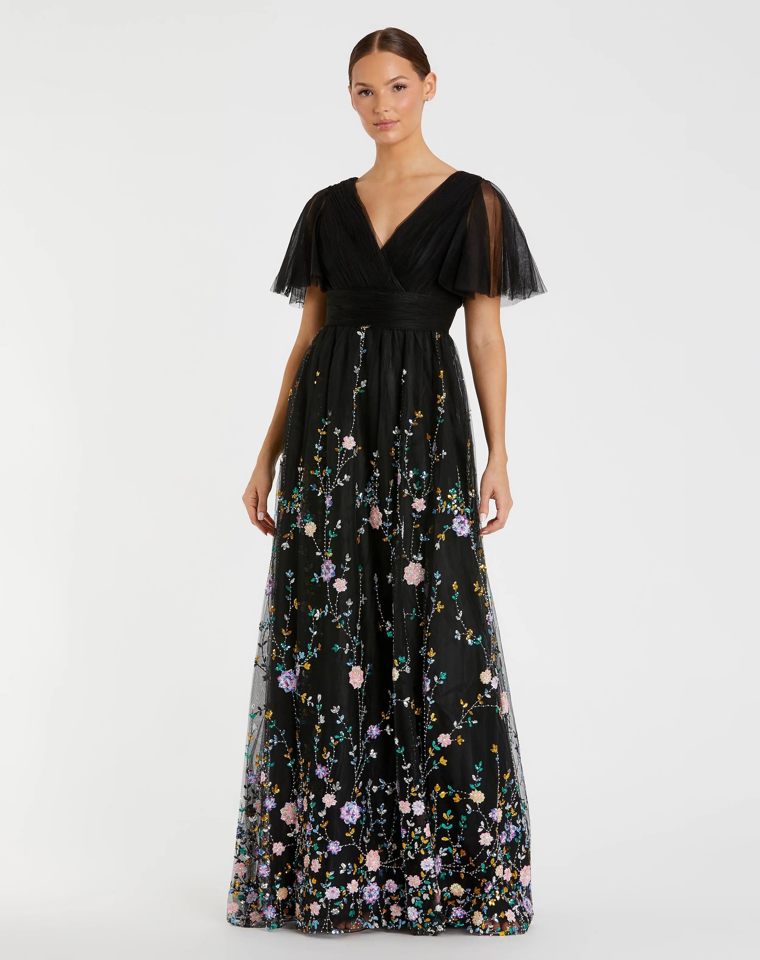 Black Embroidered Butterfly Sleeve Empire Waist Dress - Mac Duggal