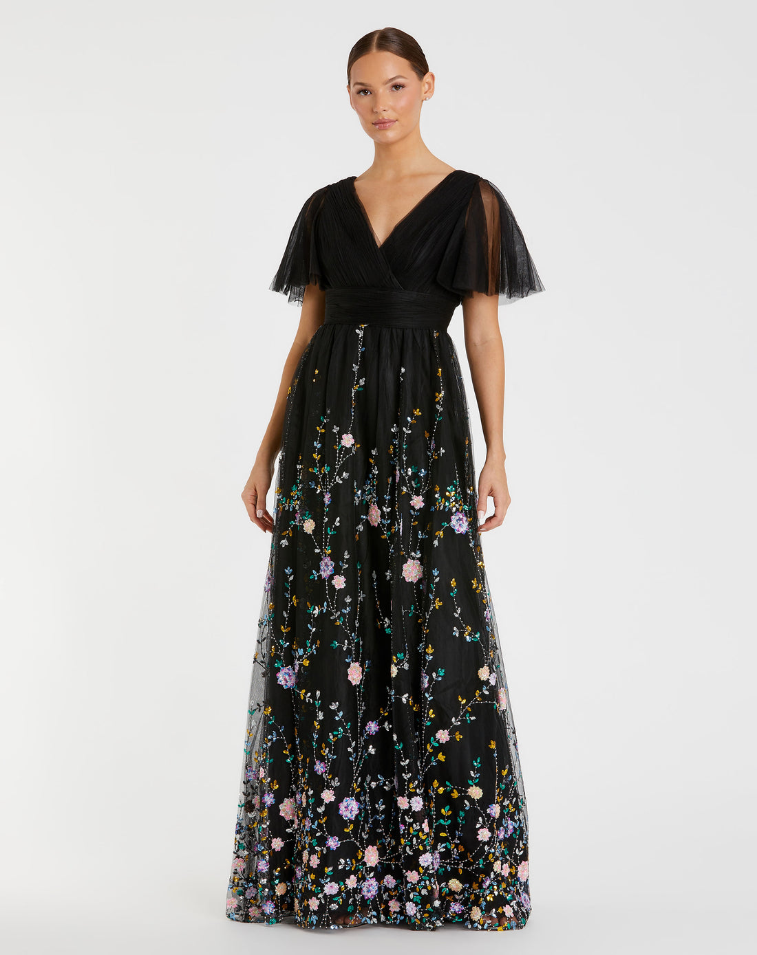 Embroidered Illusion Butterfly Sleeve V Neck Gown