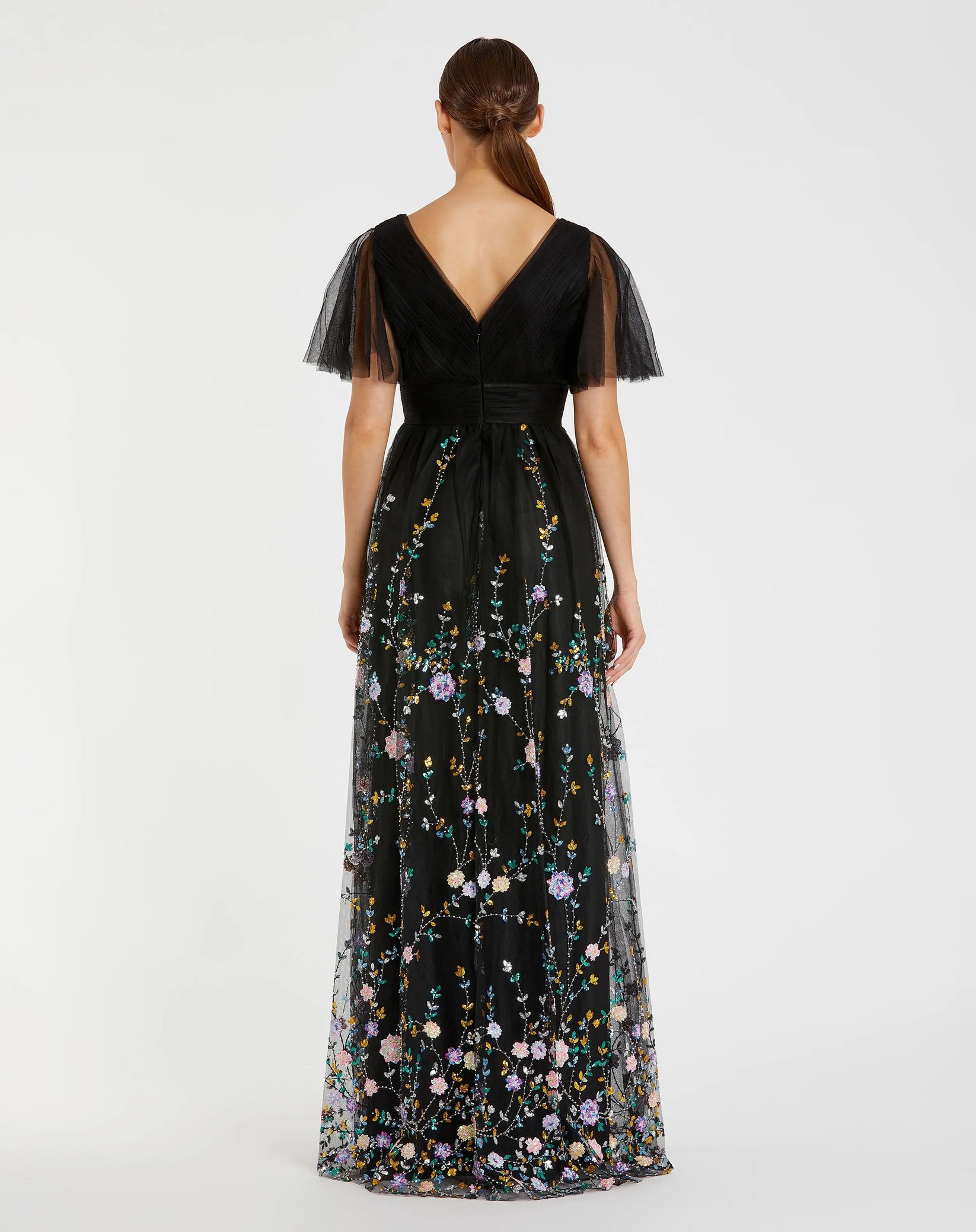 Black Embroidered Butterfly Sleeve Empire Waist Dress