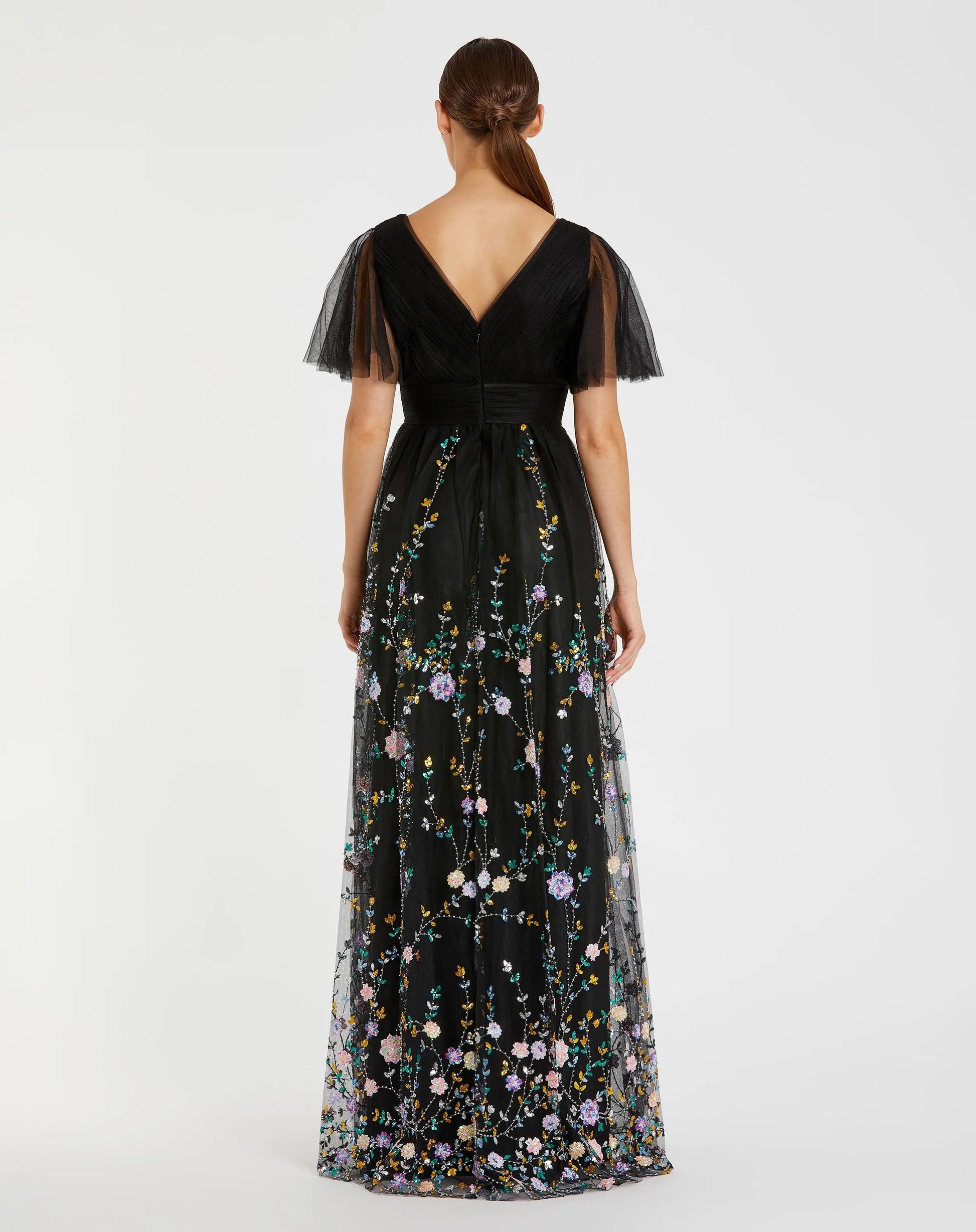 Black Embroidered Butterfly Sleeve Empire Waist Dress | Mac Duggal Black Embroidered Butterfly Sleeve Empire Waist Dress | Mac Duggal