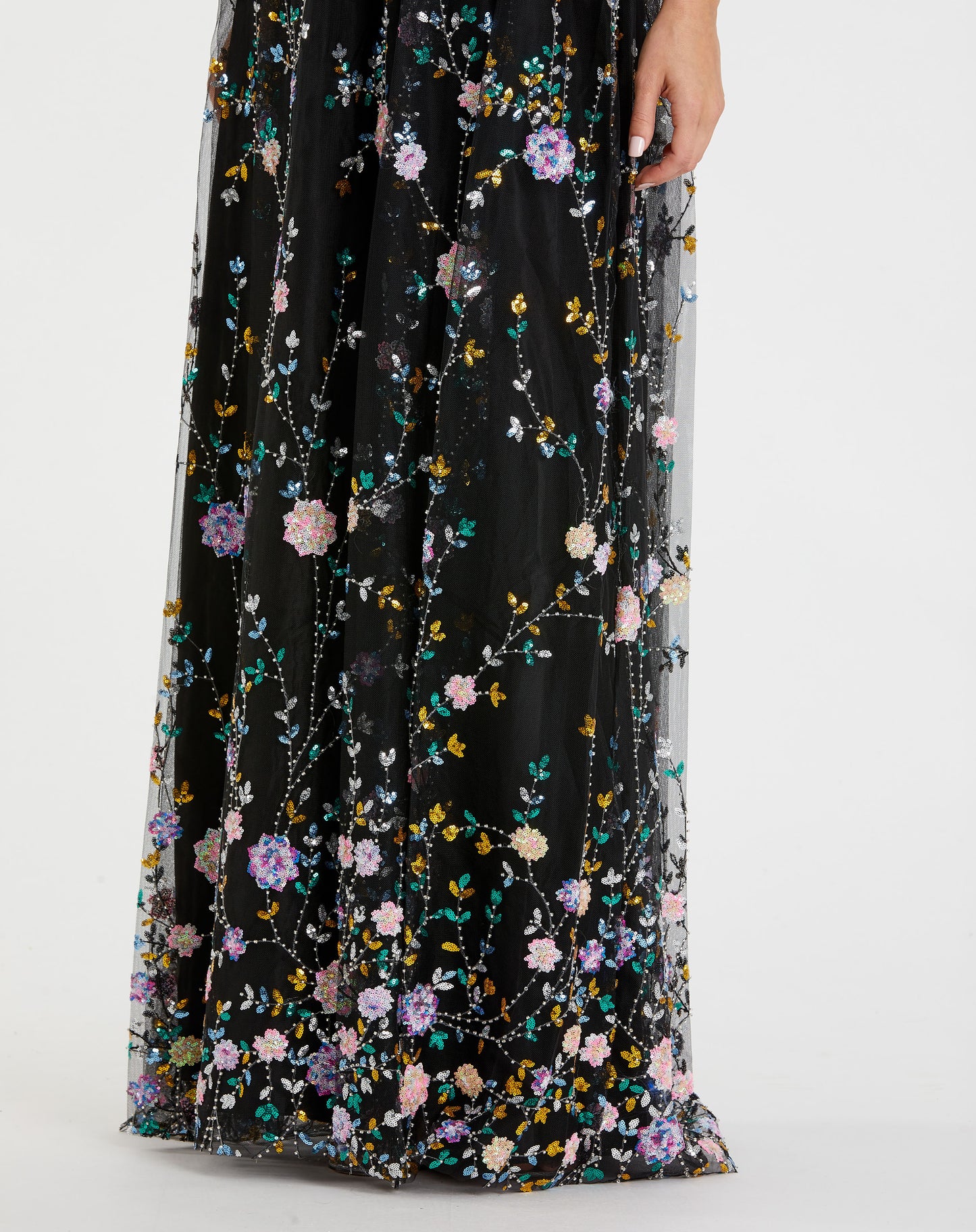 Embroidered Illusion Butterfly Sleeve V Neck Gown