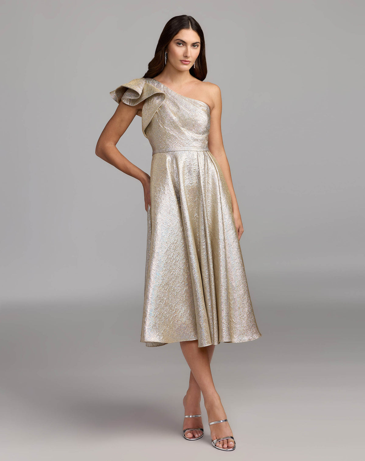 Oyster Metallic Ruffle One Shoulder Midi Dress Mac Duggal