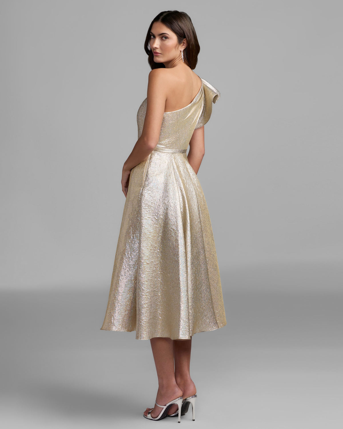 Oyster Metallic Ruffle One Shoulder Midi Dress Mac Duggal