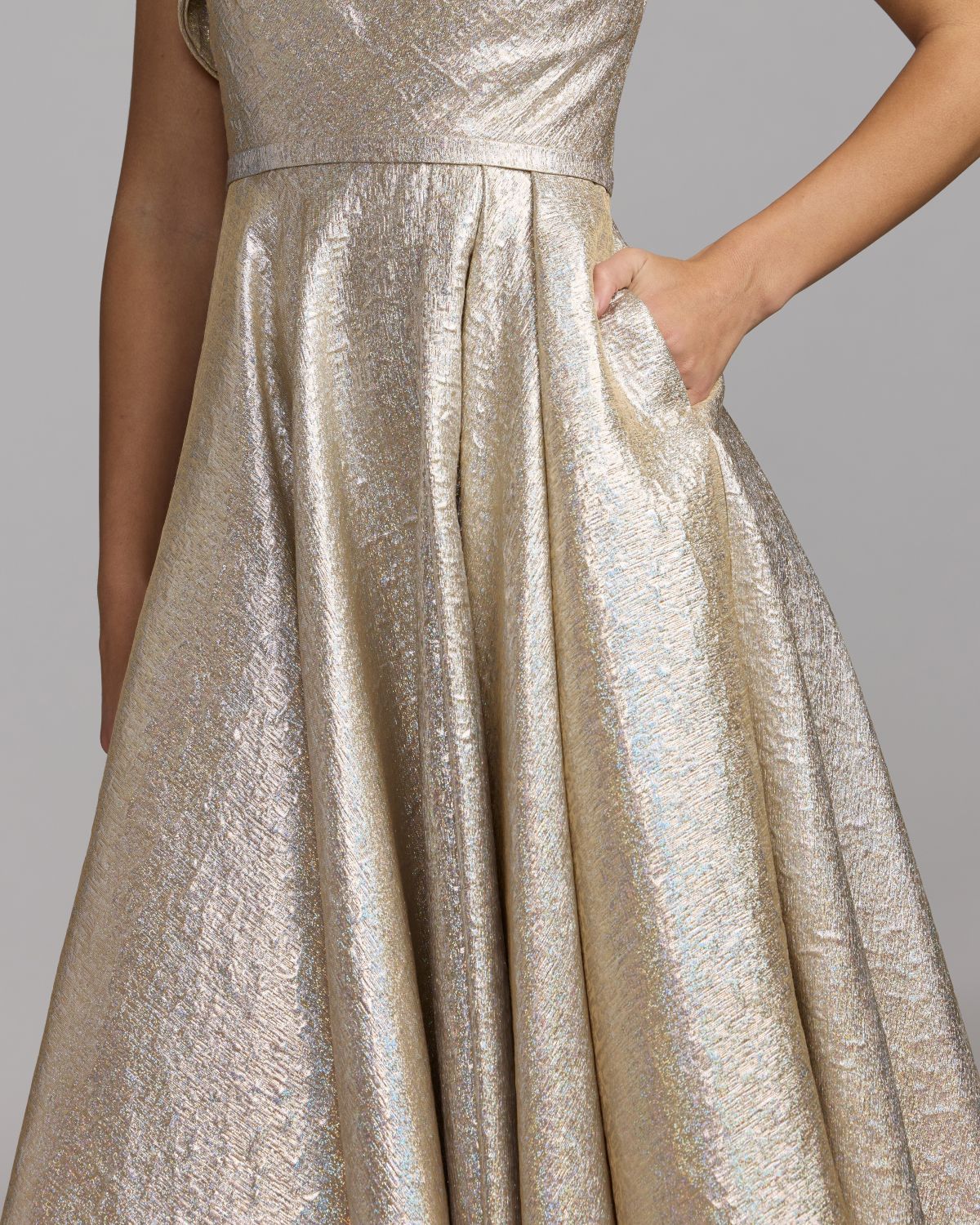 Oyster Metallic Ruffle One Shoulder Midi Dress Mac Duggal
