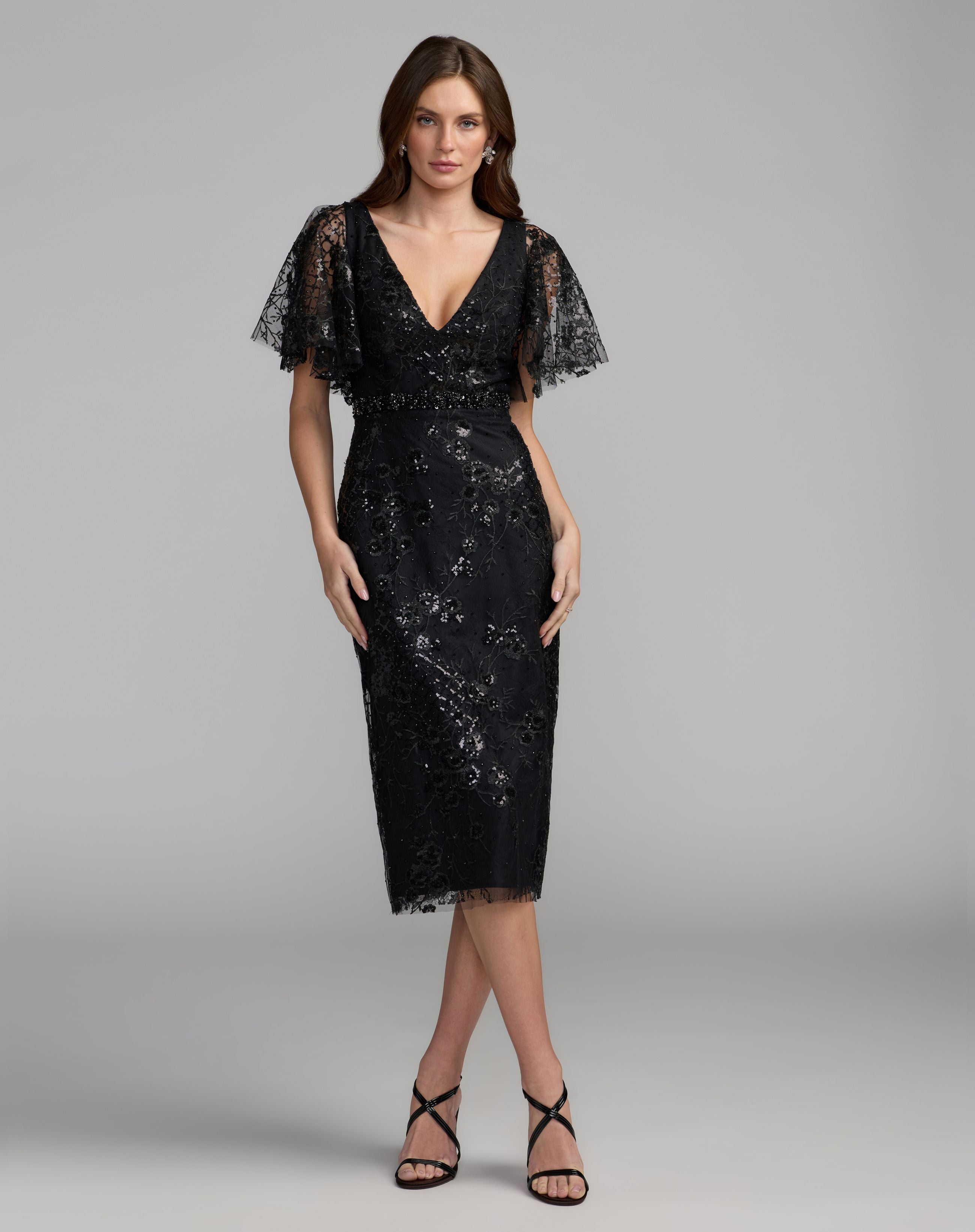Black Embellished Illusion Flutter Sleeve Cocktail Dress - Mac Duggal