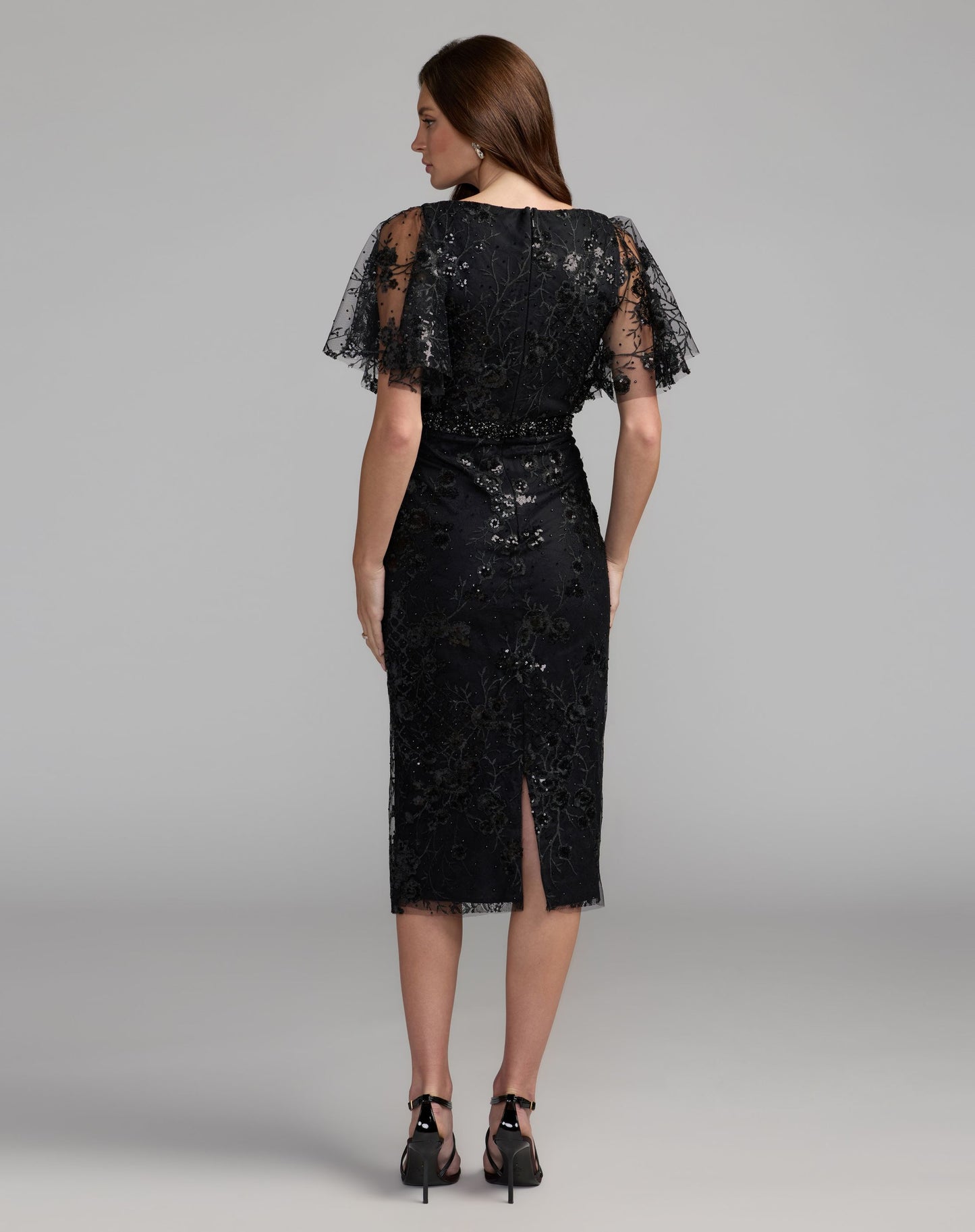 Black Embellished Illusion Flutter Sleeve Cocktail Dress - Mac Duggal
