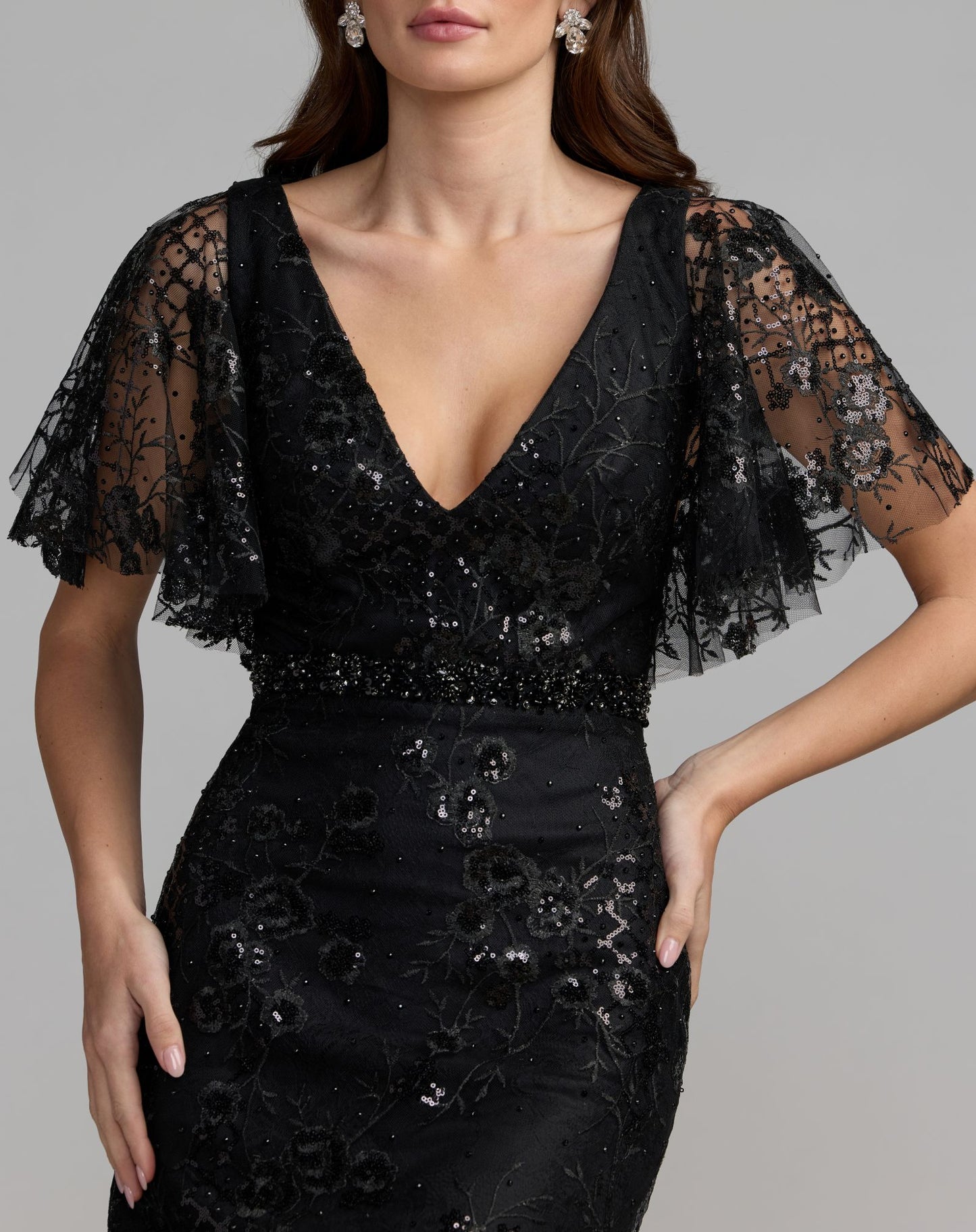 Black Embellished Illusion Flutter Sleeve Cocktail Dress - Mac Duggal