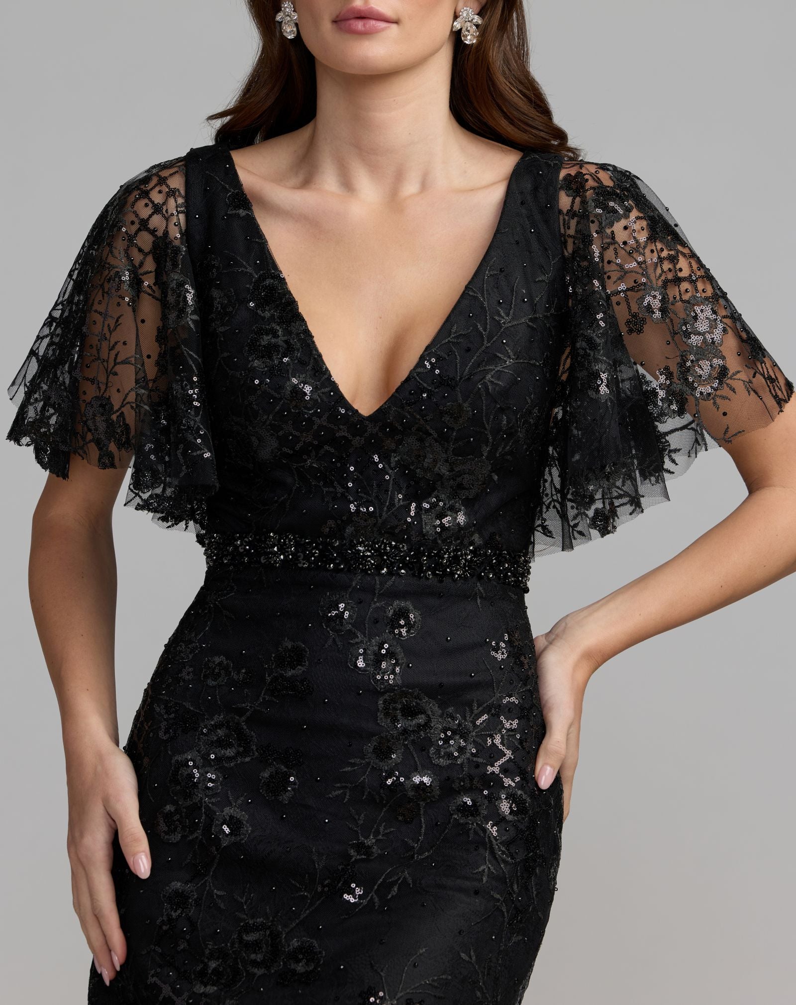 Black Embellished Illusion Flutter Sleeve Cocktail Dress - Mac Duggal