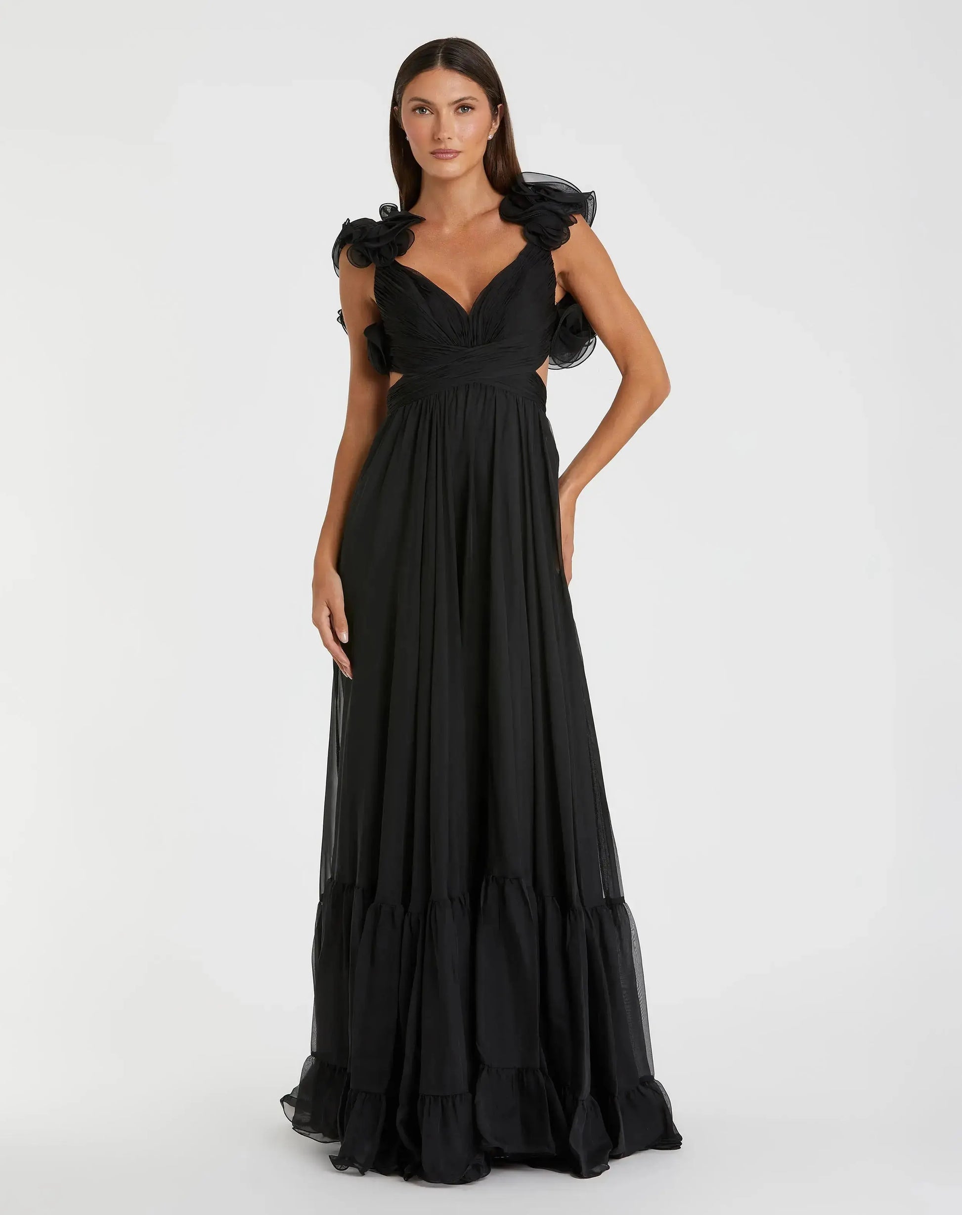 Black Ruffle Tiered Cut-Out Chiffon Gown | Mac Duggal Black Ruffle Tiered Cut-Out Chiffon Gown | Mac Duggal