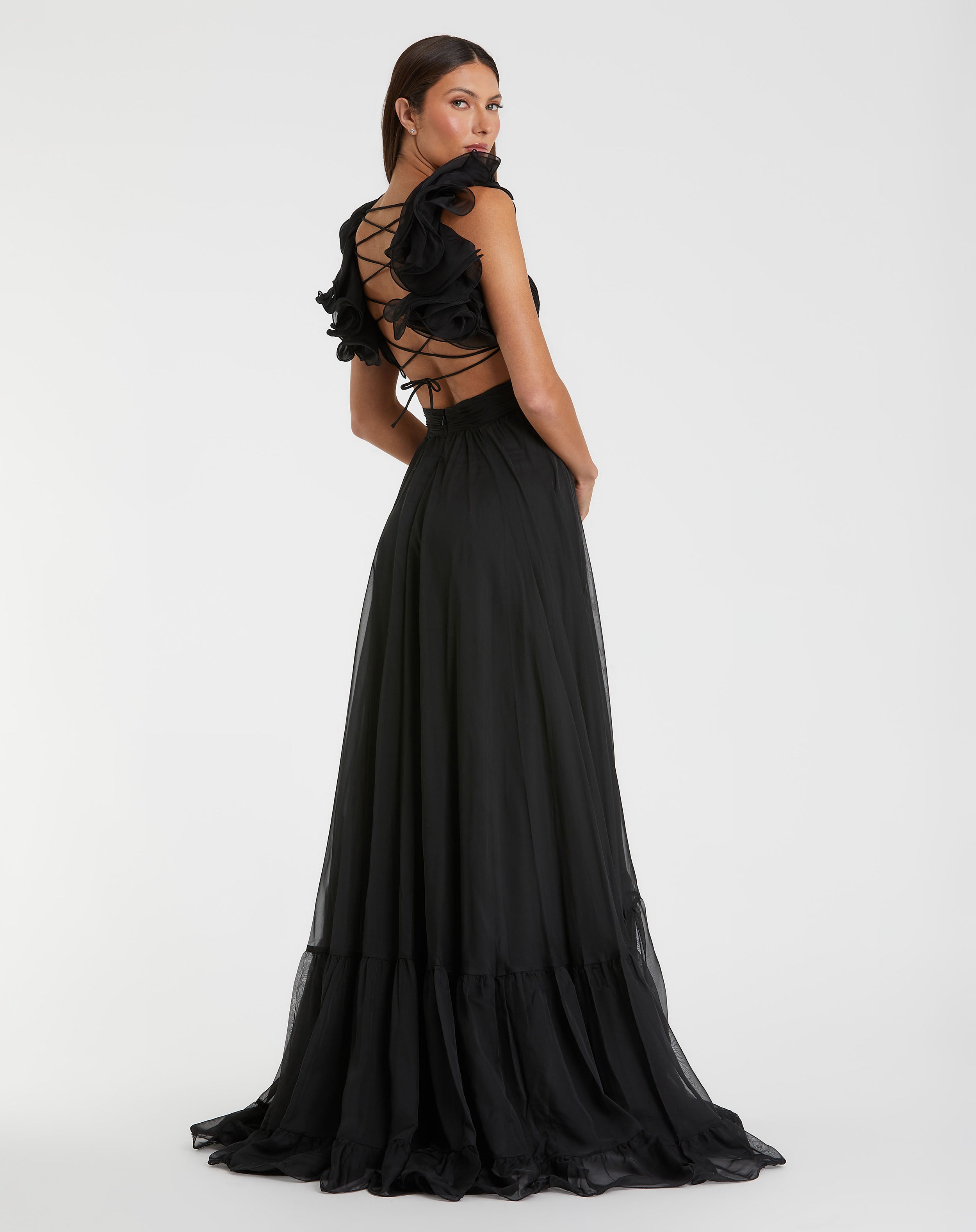 Ruffle Tiered Cut-Out Chiffon Gown