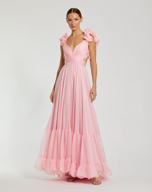 Ruffle Tiered Cut-Out Chiffon Gown