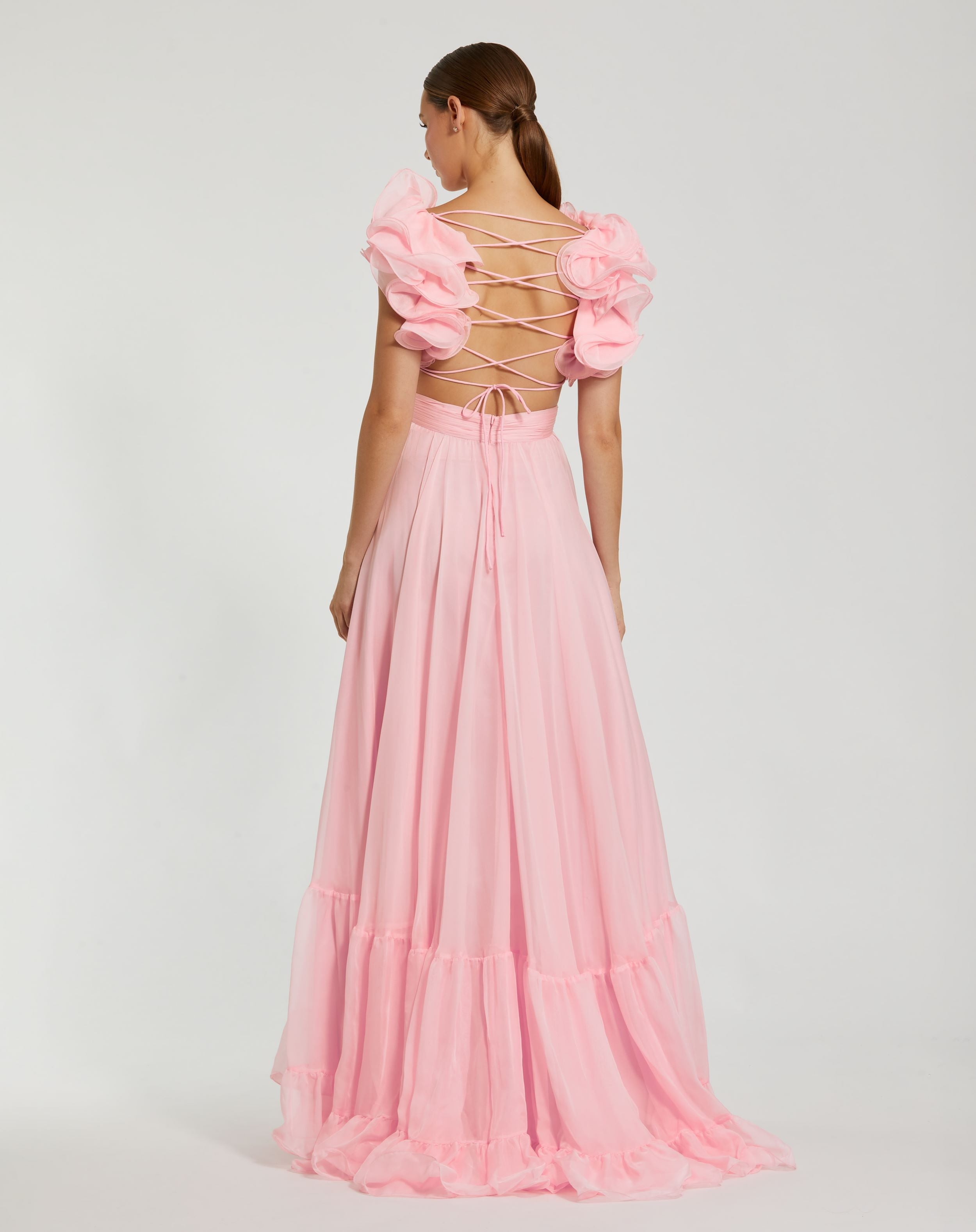 Ruffle Tiered Cut-Out Chiffon Gown