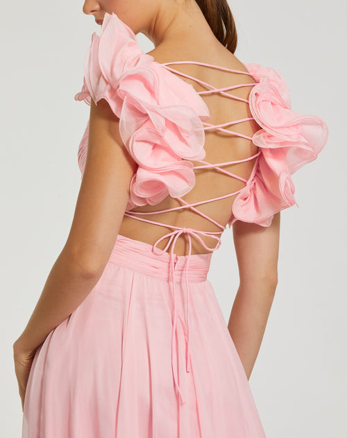 Ruffle Tiered Cut-Out Chiffon Gown