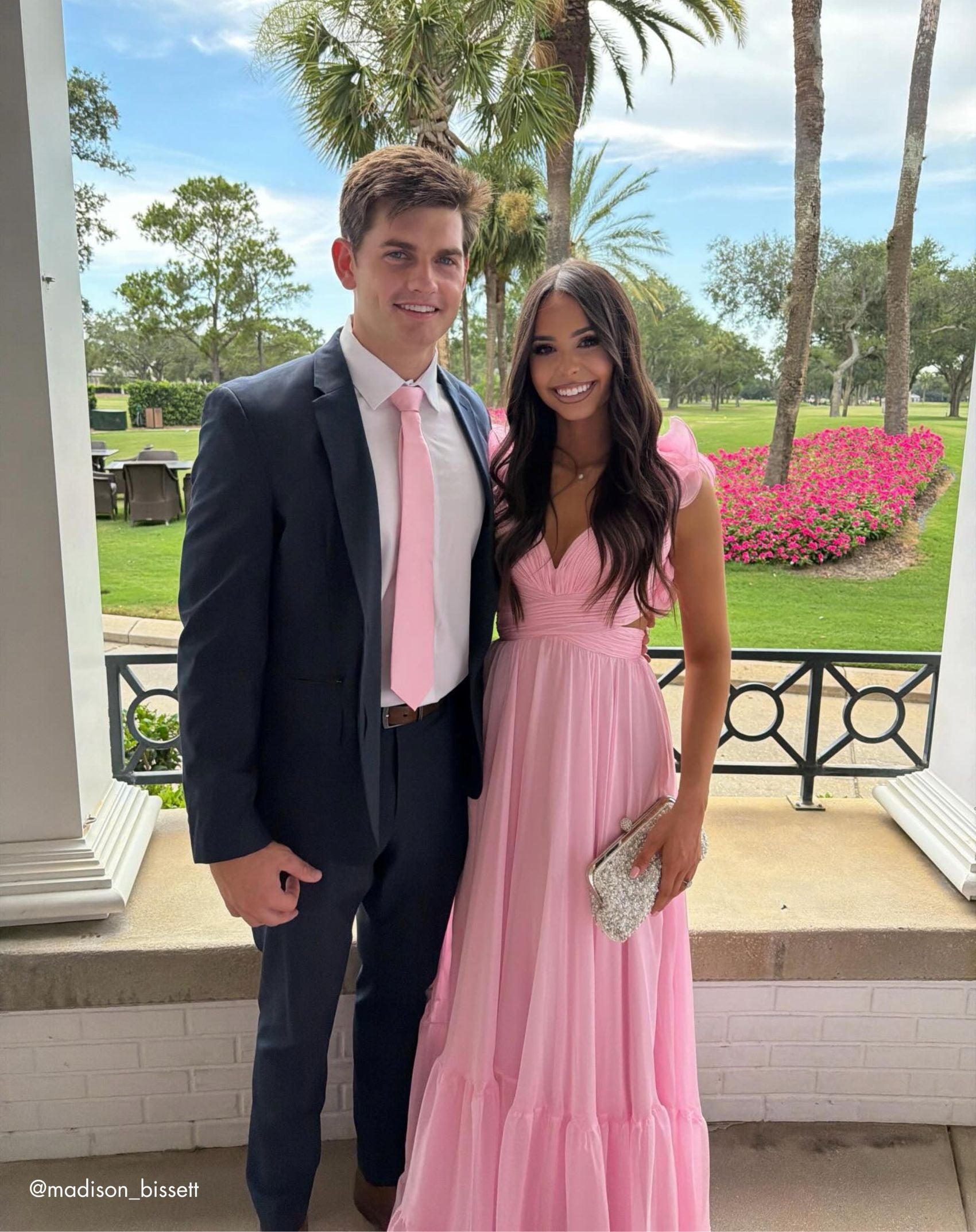 Pink Ruffle Tiered Cut-Out Chiffon Gown