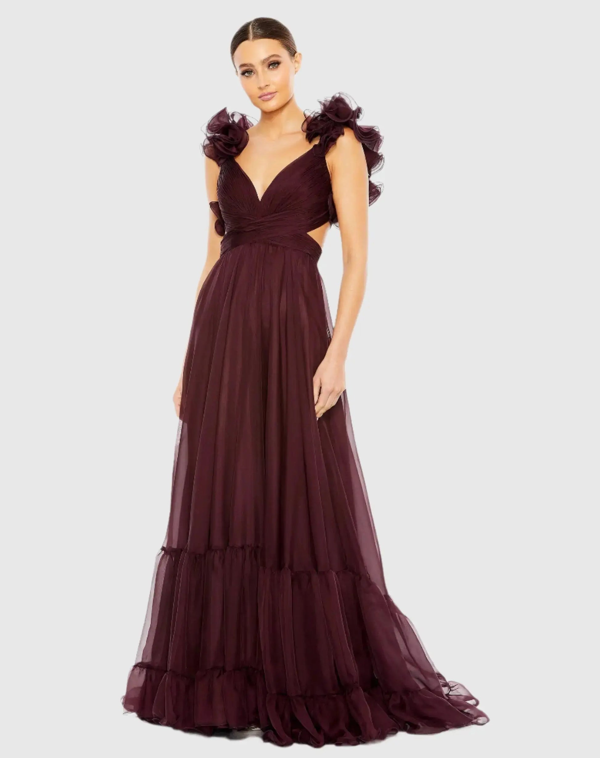 mac duggal ruffle-sleeve v-neck tiered chiffon maxi dress Mac Duggal Tiered A-Line Long-Sleeve Chiffon Gown