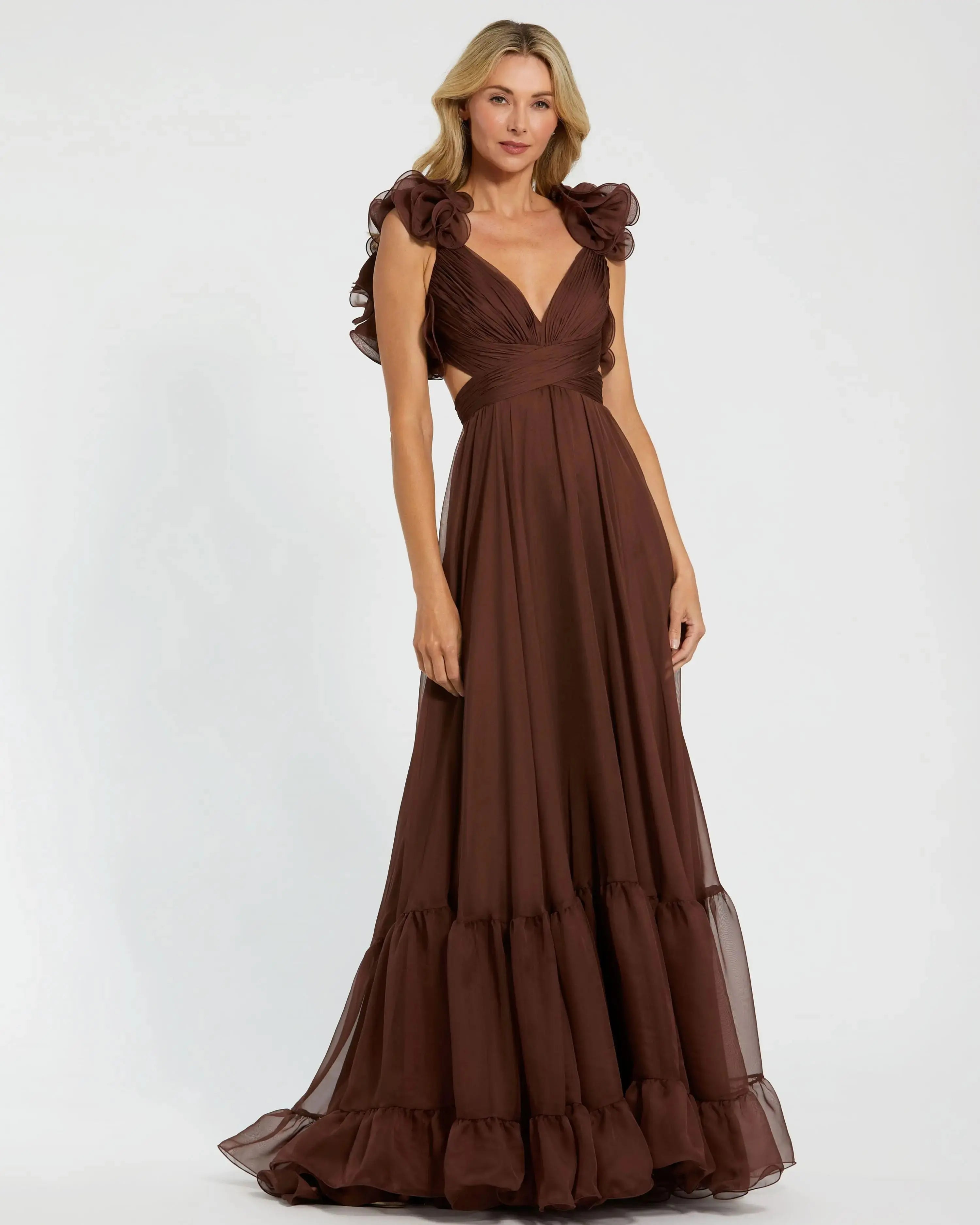 Brown Ruffle Tiered Cut-Out Chiffon Gown - Mac Duggal