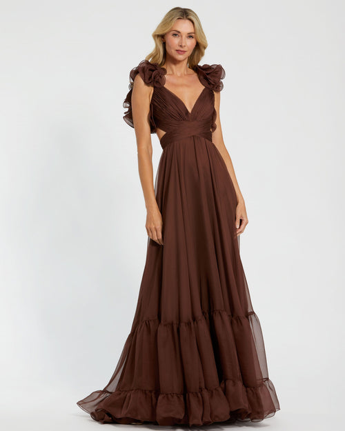 RUFFLE TIERED CUT-OUT CHIFFON GOWN