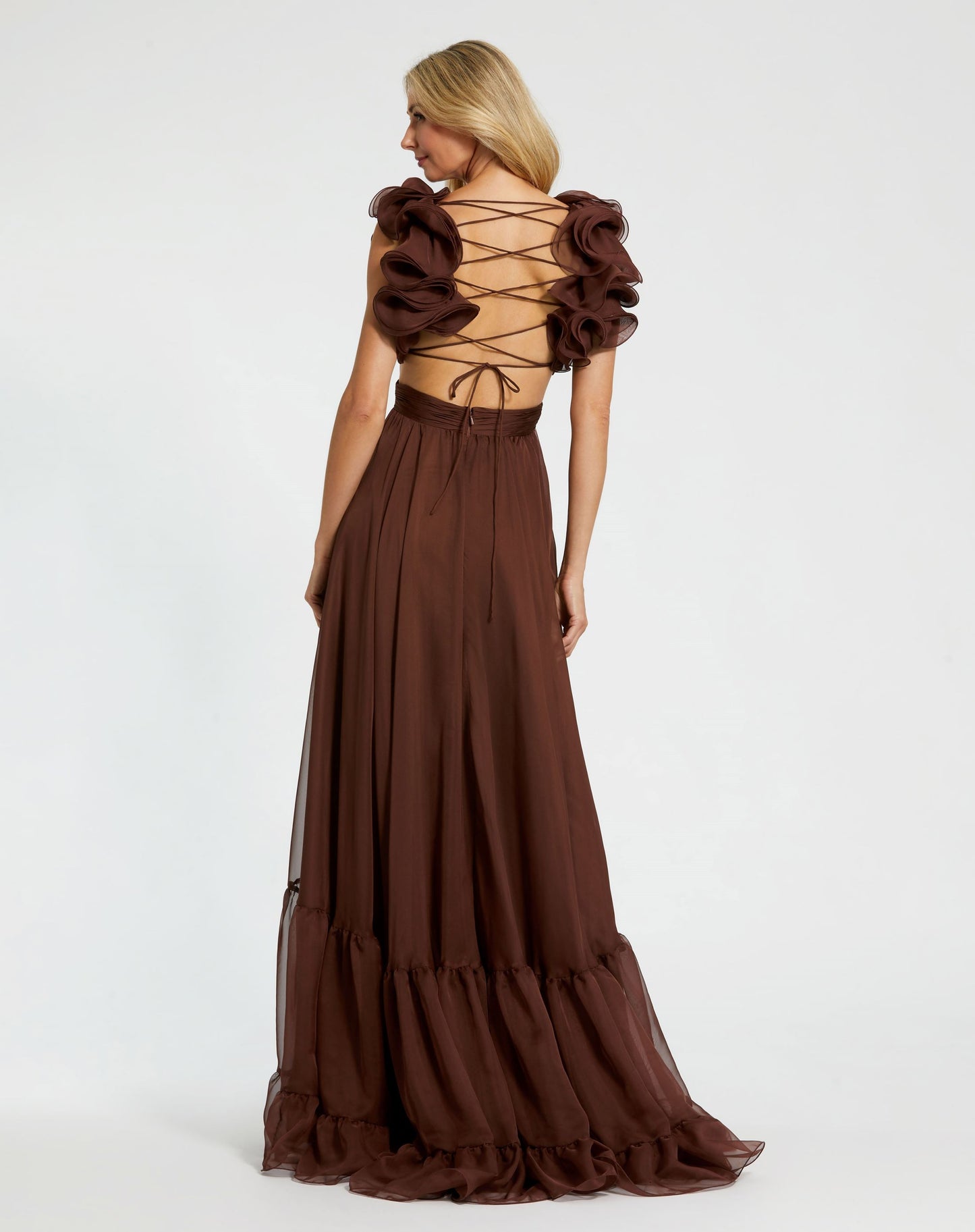 Ruffle Tiered Cut-Out Chiffon Gown