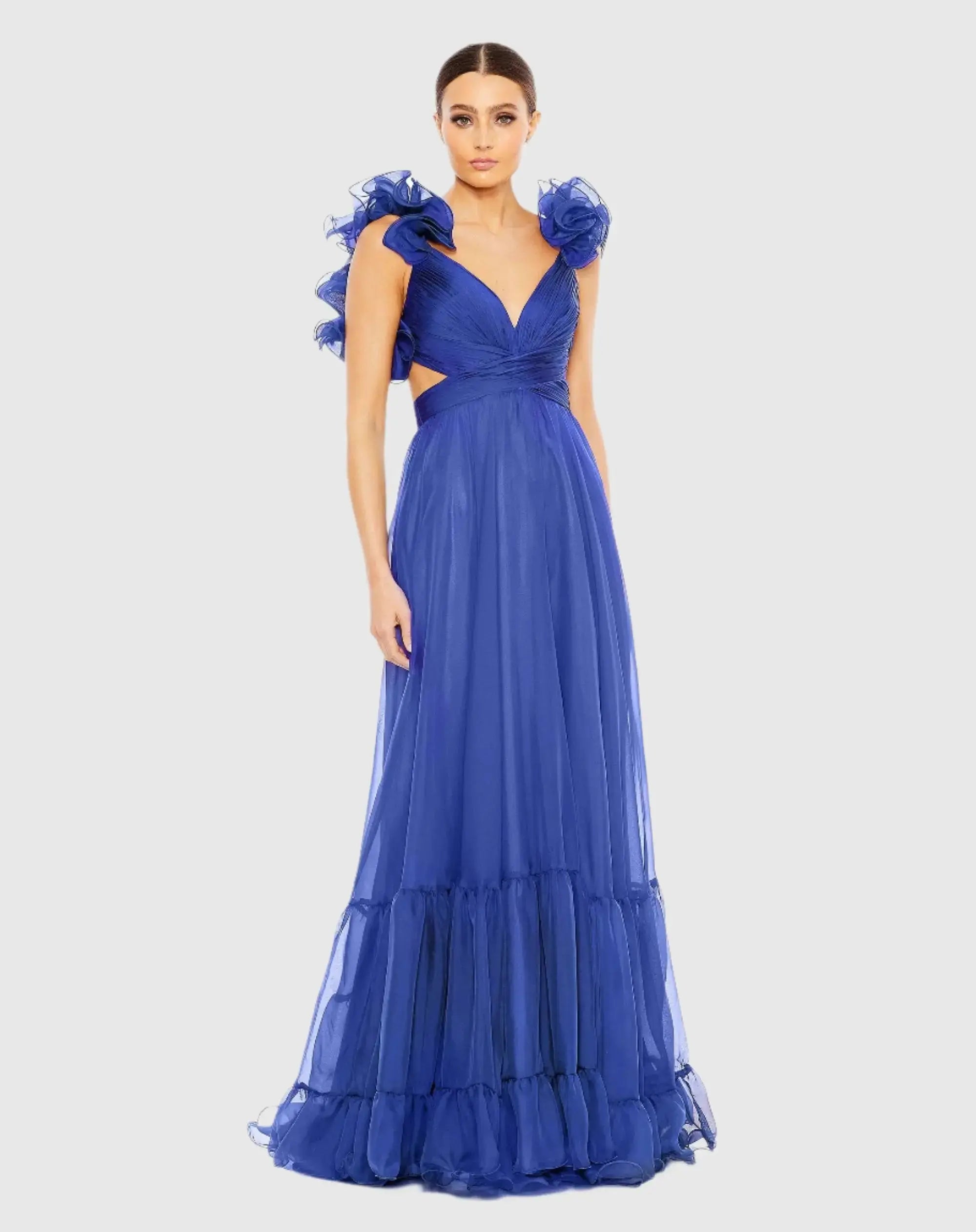 Blue Ruffle Tiered Cut-Out Chiffon Gown - Mac Duggal
