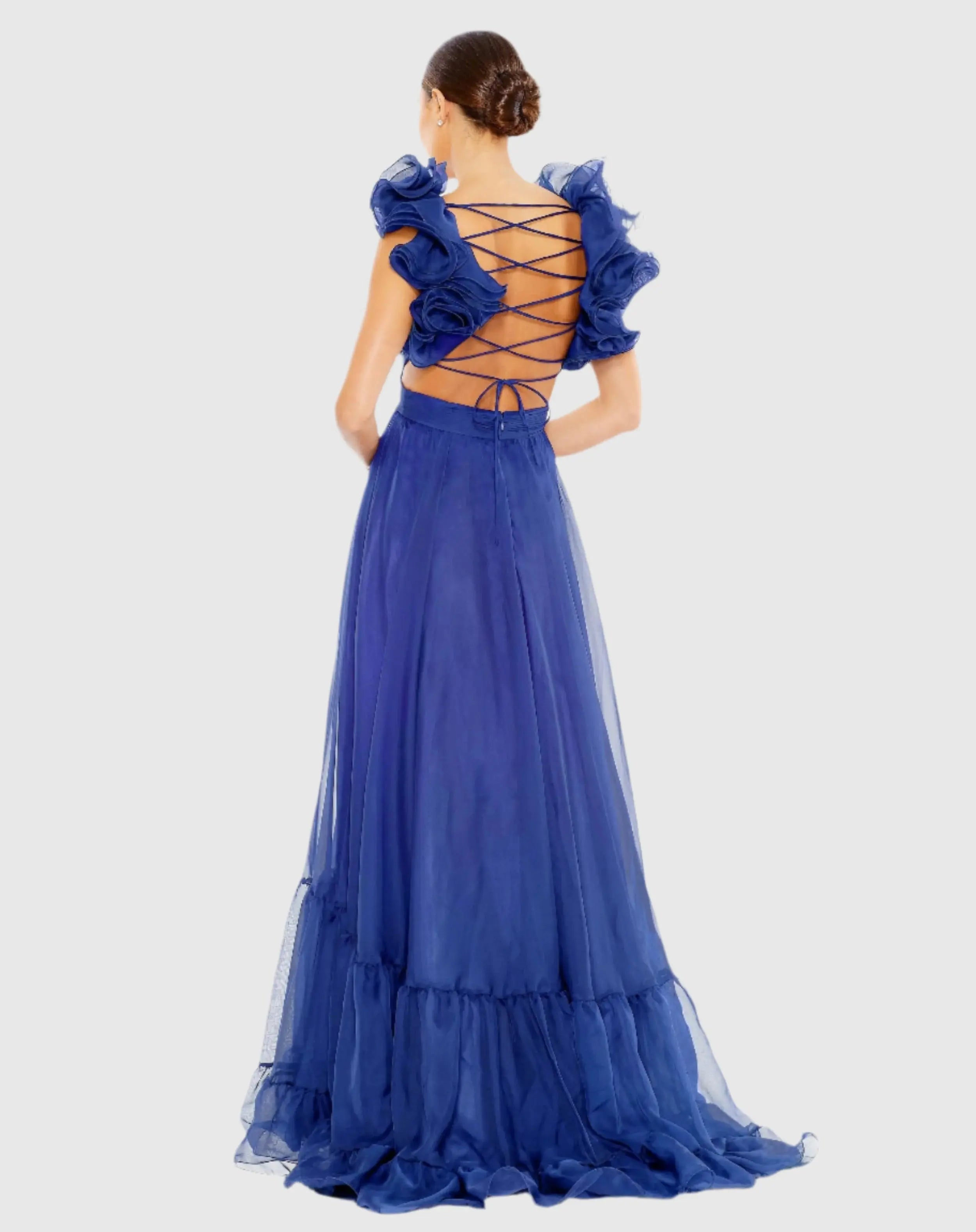 Blue Ruffle Tiered Cut-Out Chiffon Gown - Mac Duggal