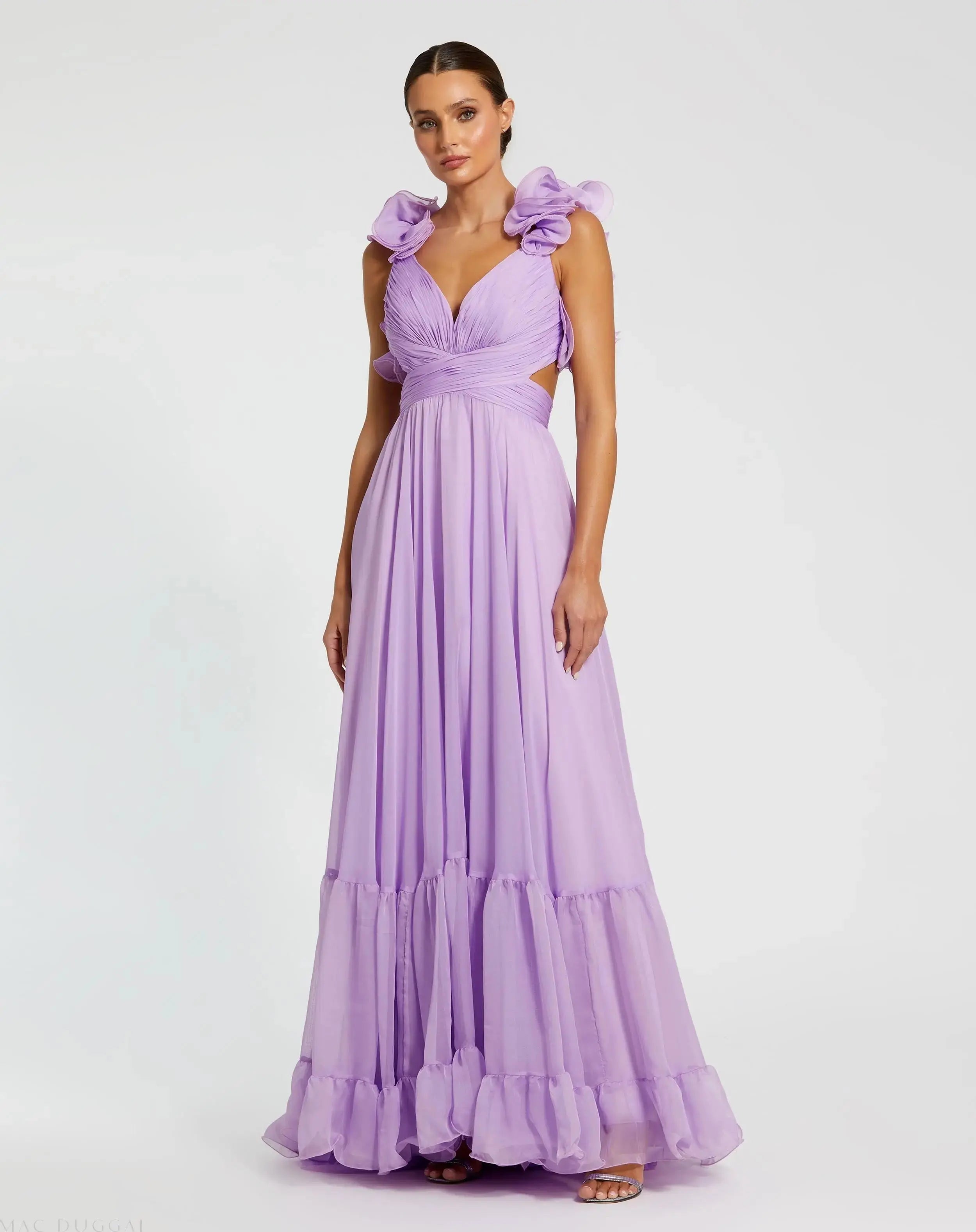Purple Ruffle Tiered Cut-Out Chiffon Gown Mac Duggal
