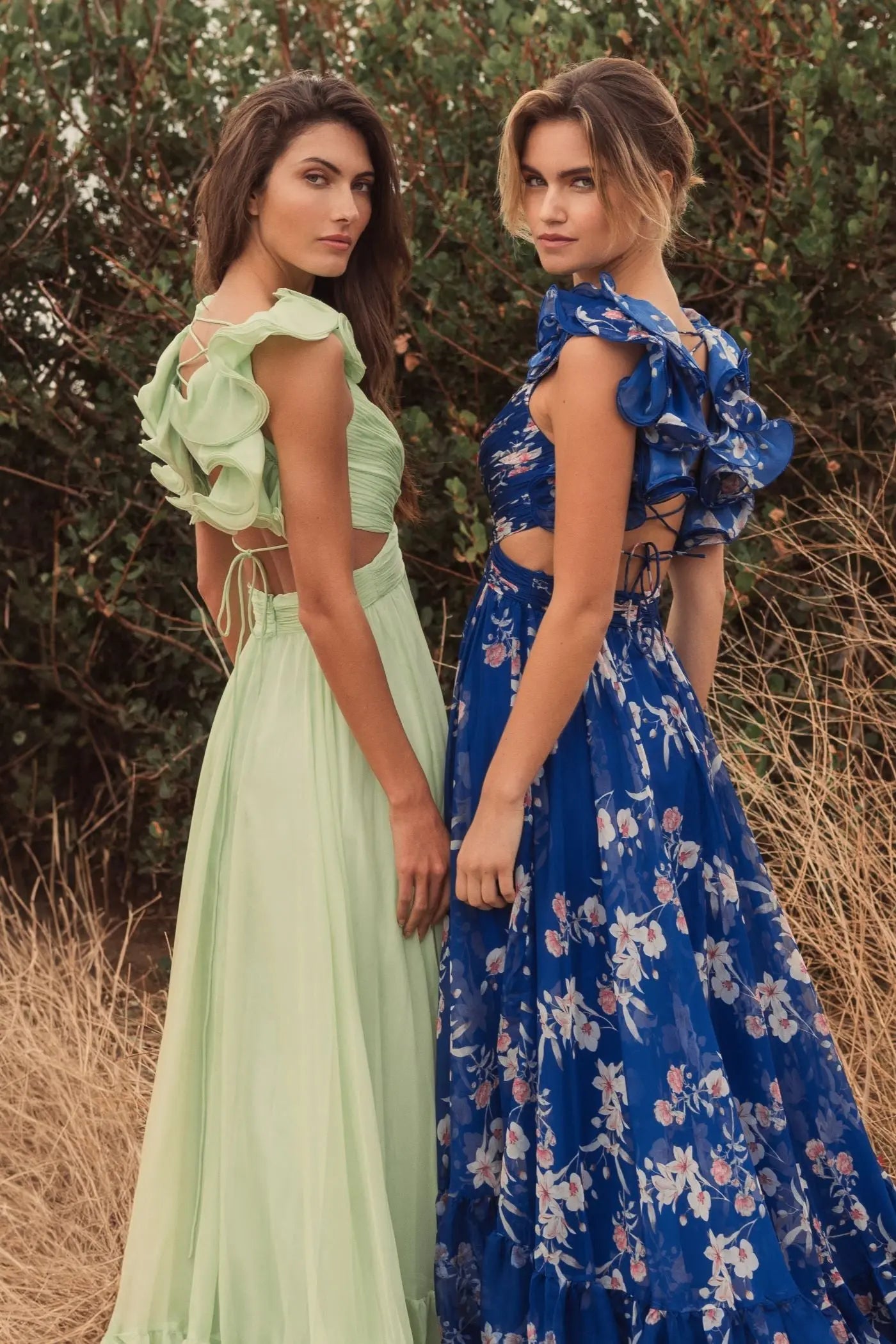 ieena for mac duggal ruffle tiered cut-out floral chiffon dress Pink Ruffle Tiered Floral Cut-Out Chiffon Gown