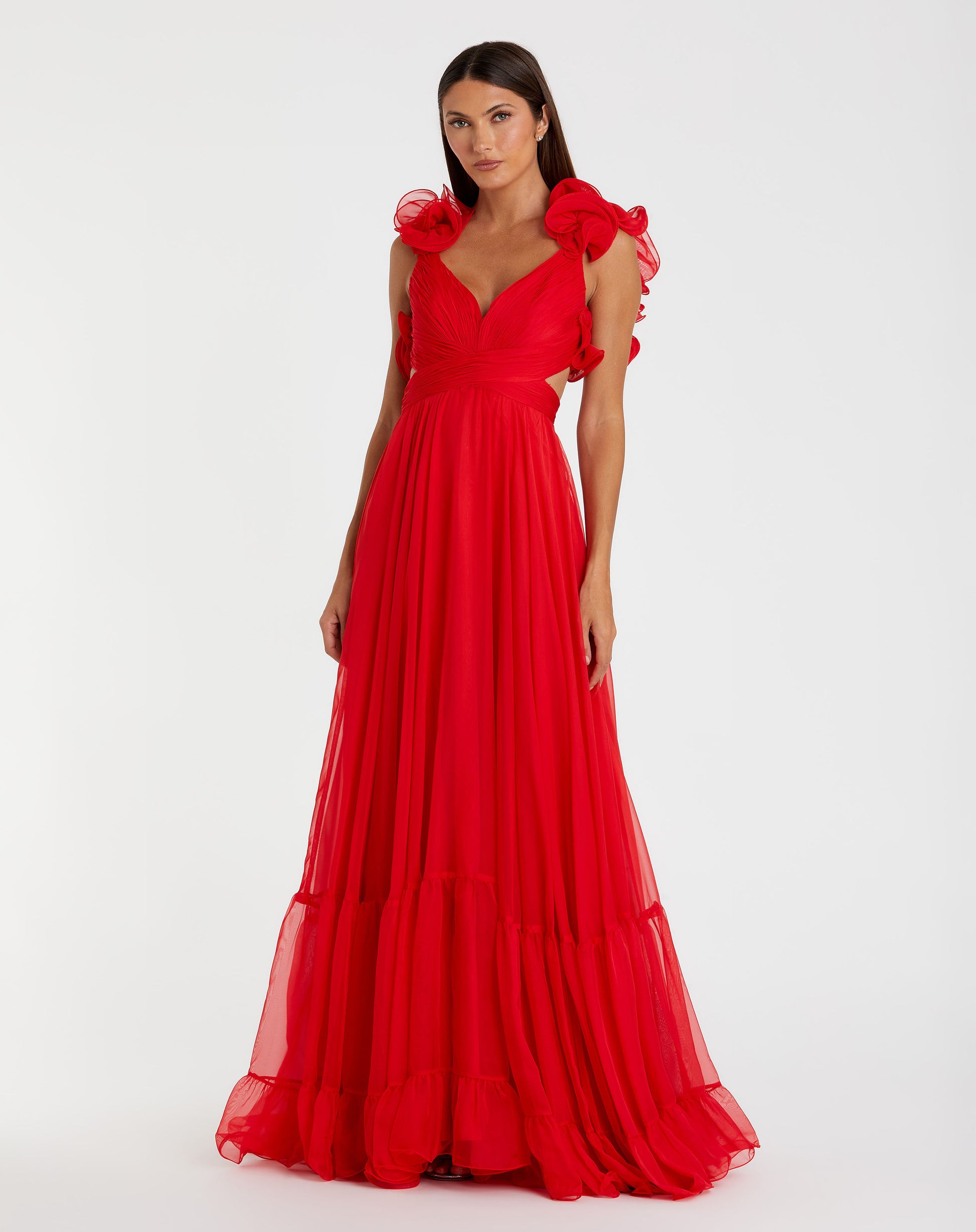 Ruffle Tiered Cut-Out Chiffon Gown