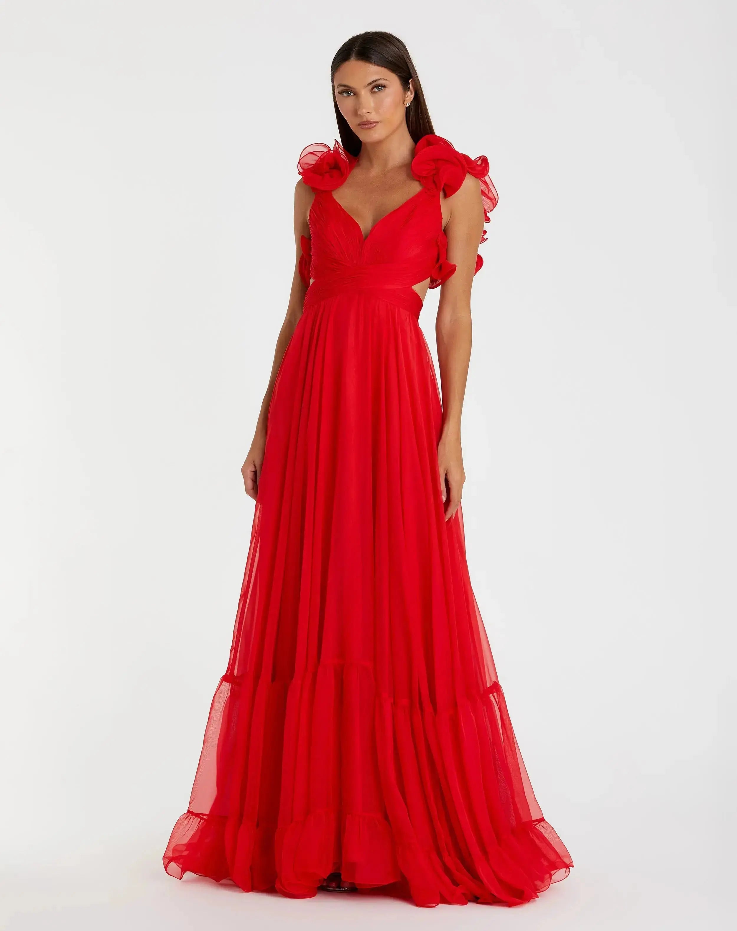 Red Ruffle Tiered Cut-Out Chiffon Gown - Mac Duggal