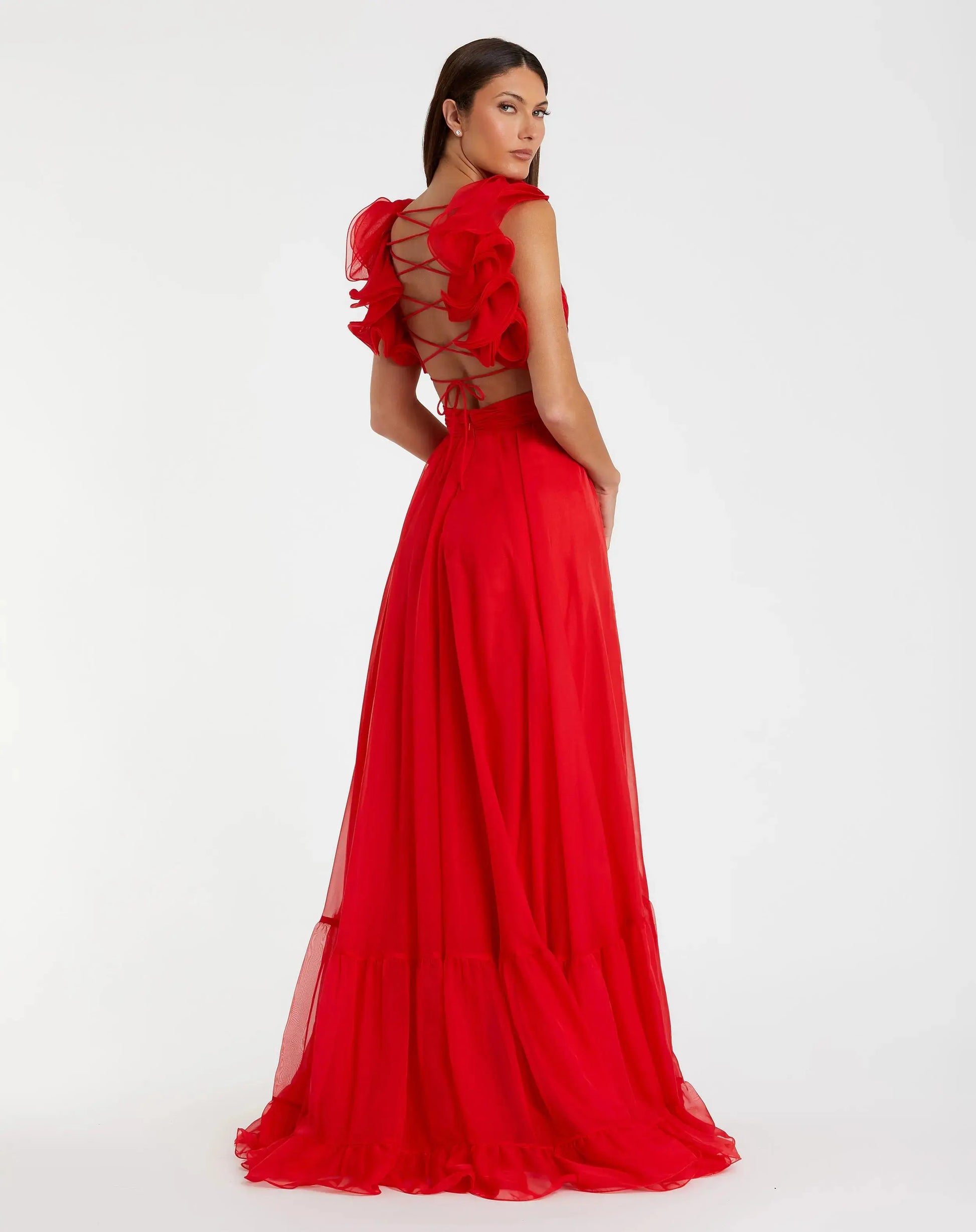 Red Ruffle Tiered Cut-Out Chiffon Gown | Mac Duggal Red Ruffle Tiered Cut-Out Chiffon Gown | Mac Duggal
