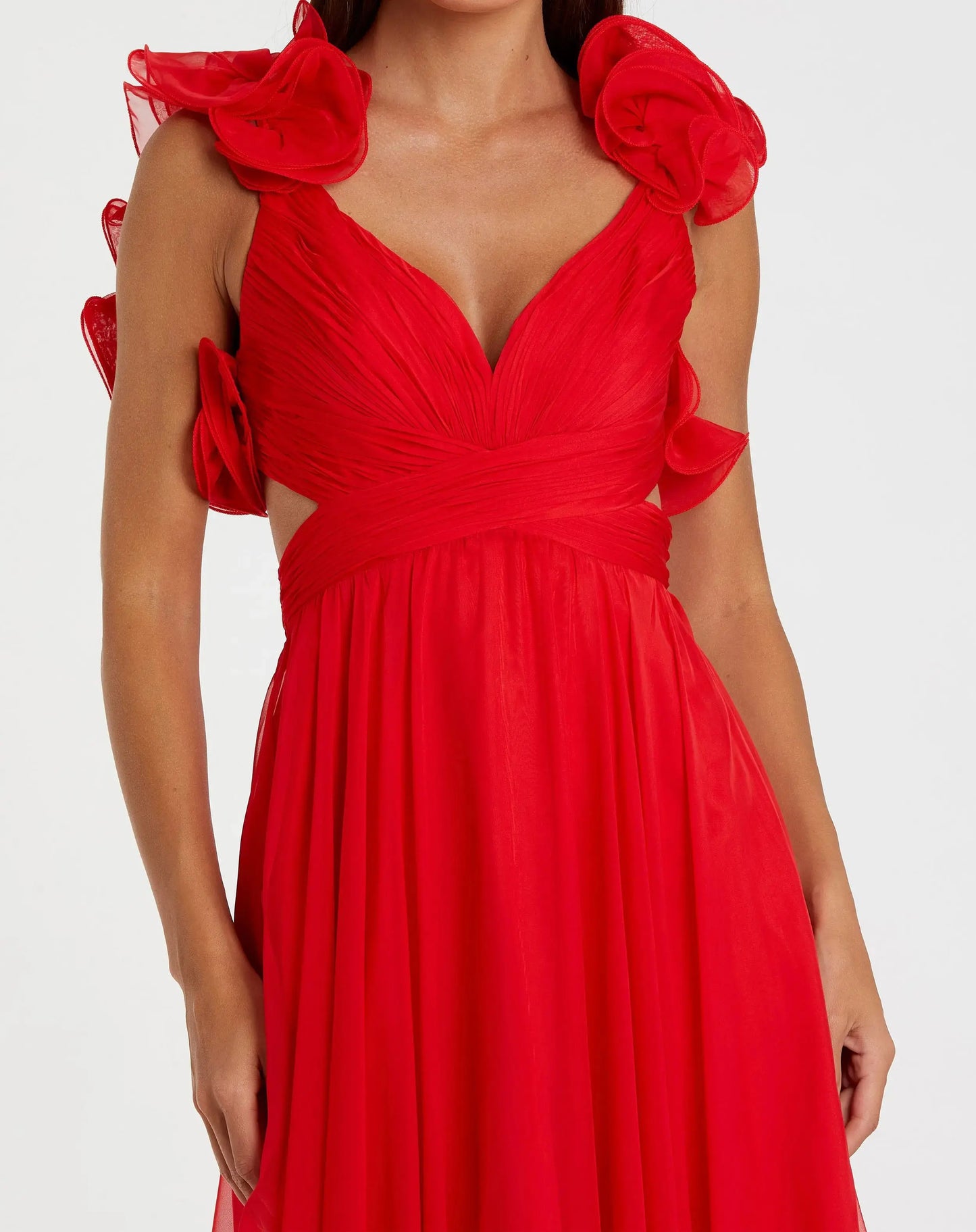 mac duggal red dress Red Ruffle Tiered Cut-Out Chiffon Gown