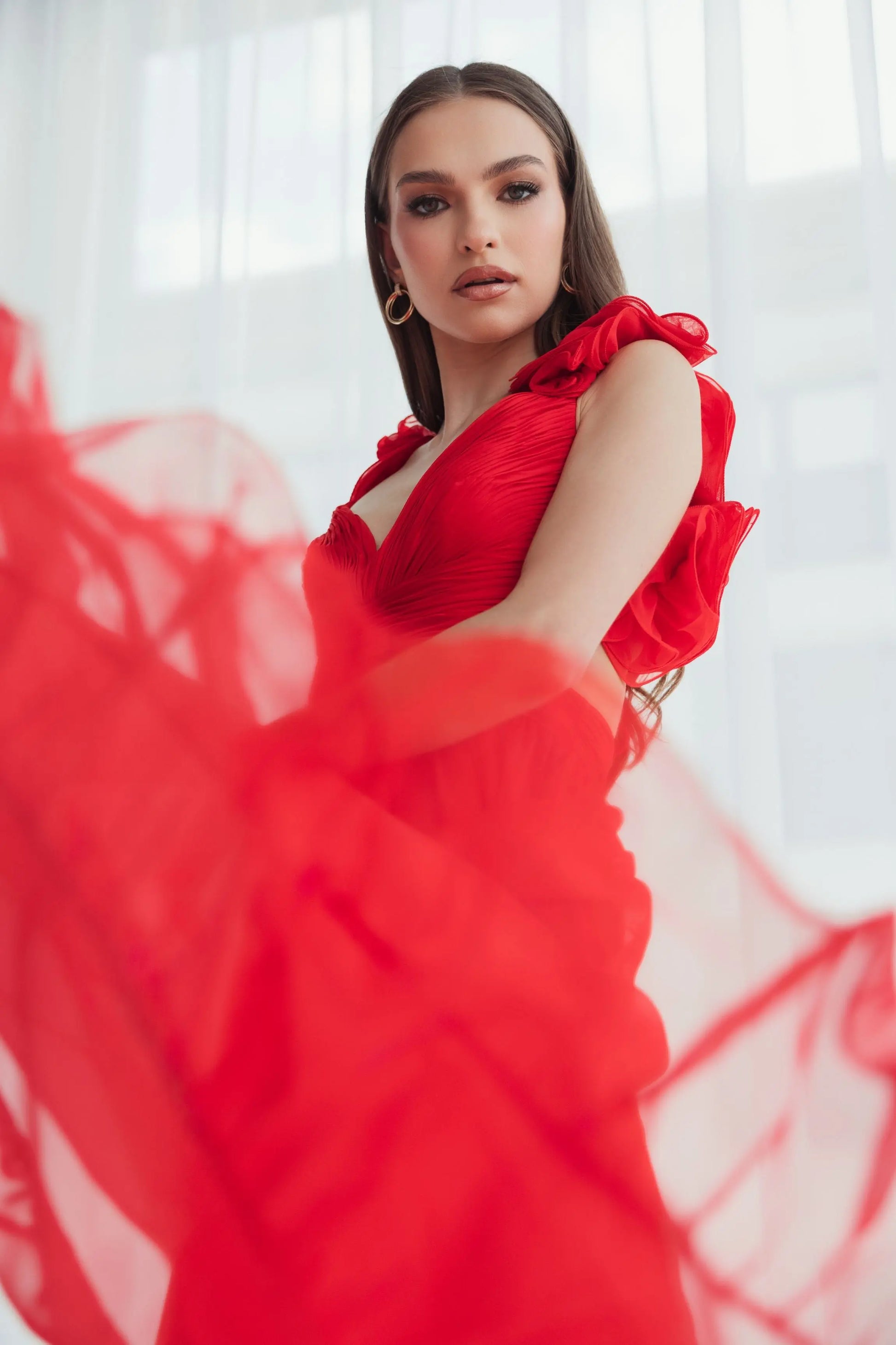 Red Ruffle Tiered Cut-Out Chiffon Gown | Mac Duggal Red Ruffle Tiered Cut-Out Chiffon Gown | Mac Duggal