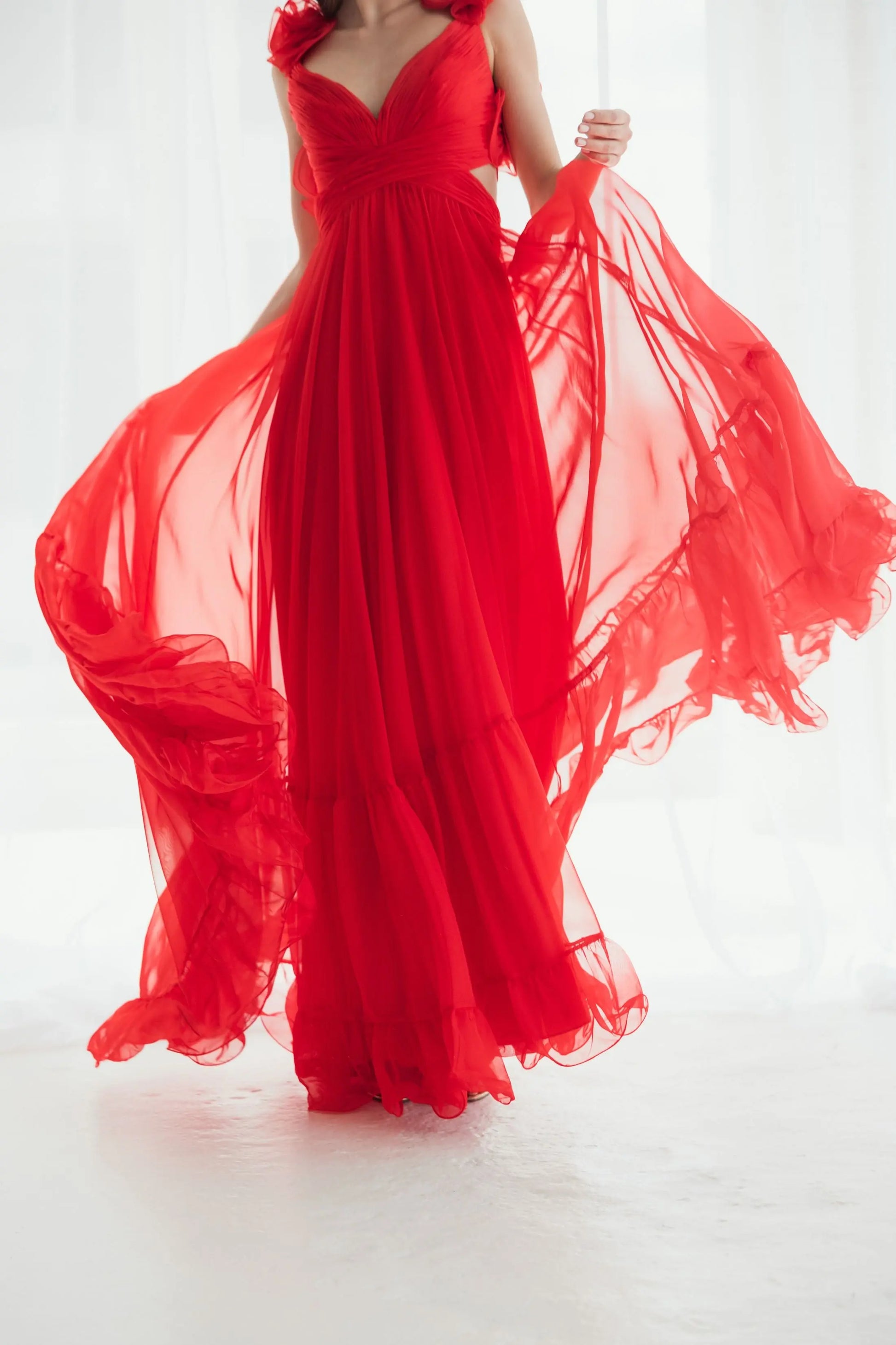 Red Ruffle Tiered Cut-Out Chiffon Gown Red Ruffle Tiered Cut-Out Chiffon Gown
