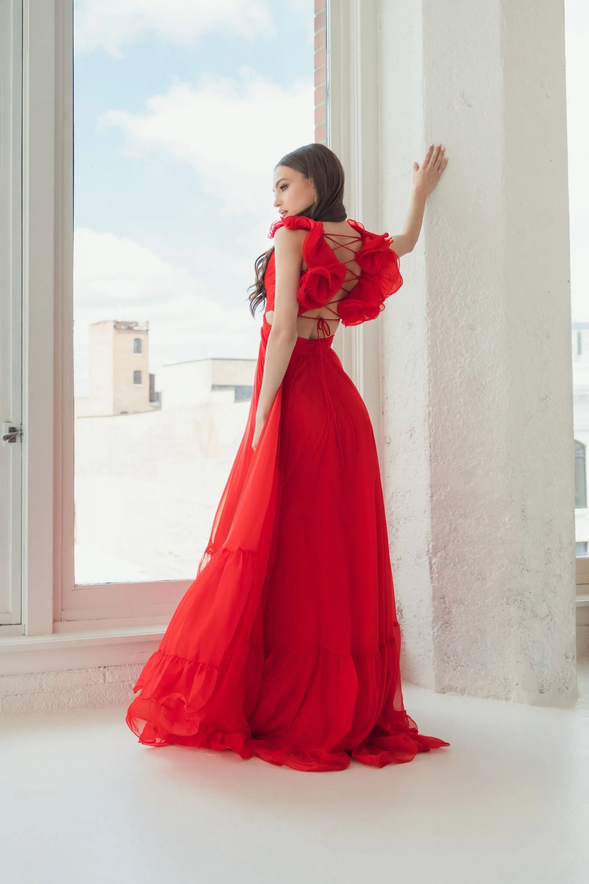 Red Ruffle Tiered Cut-Out Chiffon Gown | Mac Duggal Red Ruffle Tiered Cut-Out Chiffon Gown | Mac Duggal