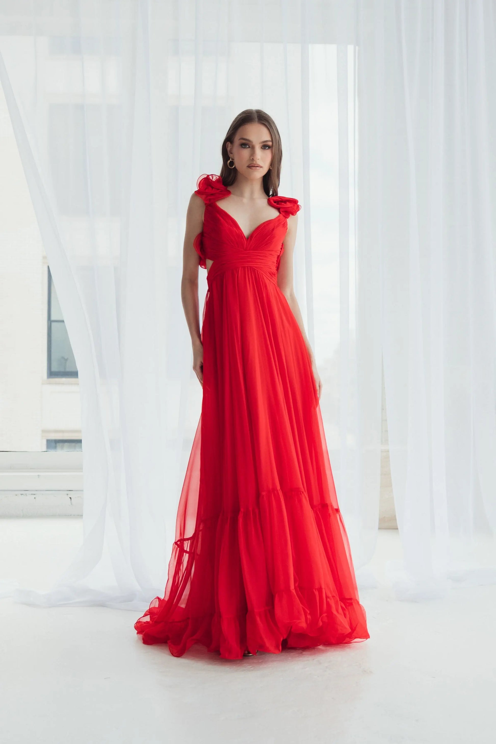 Red Ruffle Tiered Cut-Out Chiffon Gown | Mac Duggal Red Ruffle Tiered Cut-Out Chiffon Gown | Mac Duggal