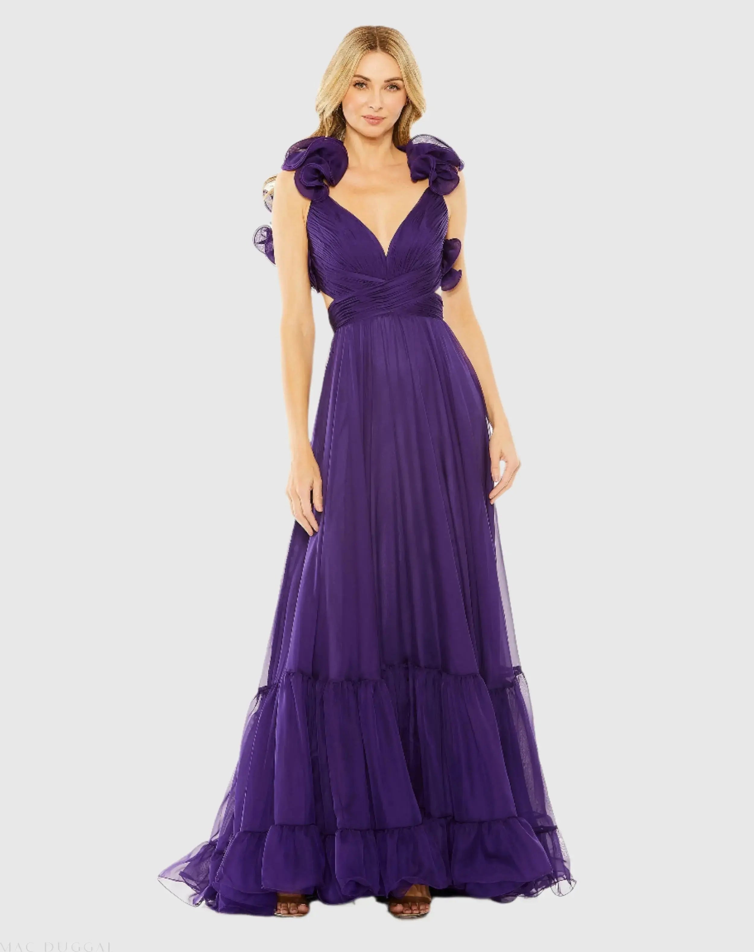 Purple Ruffle Tiered Cut-Out Chiffon Gown - Mac Duggal 