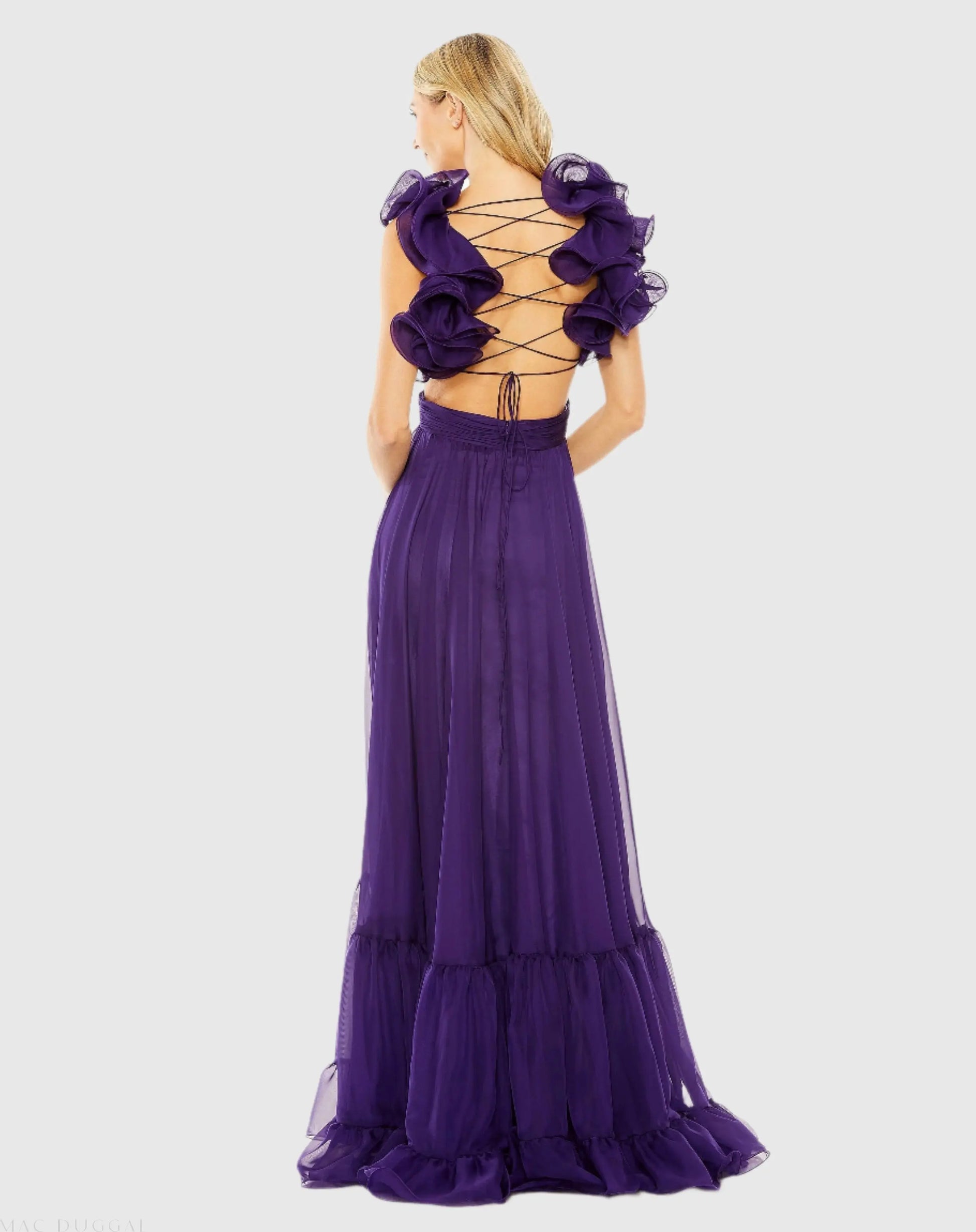 Purple Ruffle Tiered Cut-Out Chiffon Gown - Mac Duggal Purple Ruffle Tiered Cut-Out Chiffon Gown - Mac Duggal