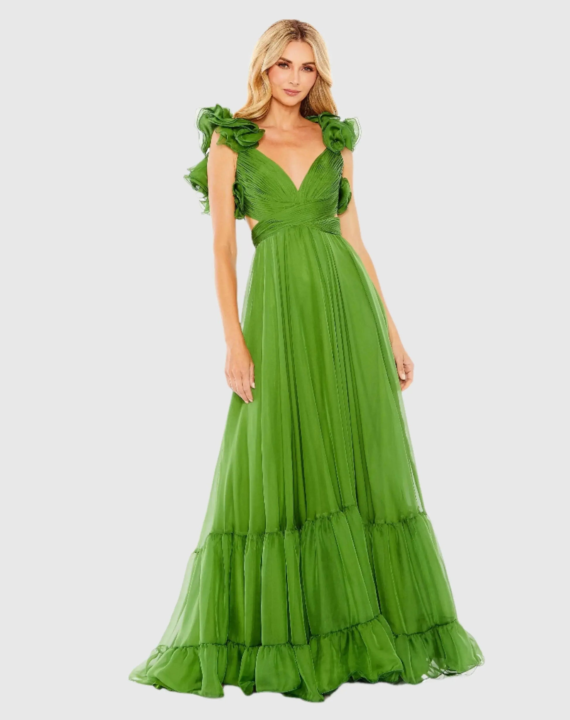 mac duggal ruffle-sleeve v-neck tiered chiffon maxi dress Ruffle Tiered Cut-Out Chiffon Gown