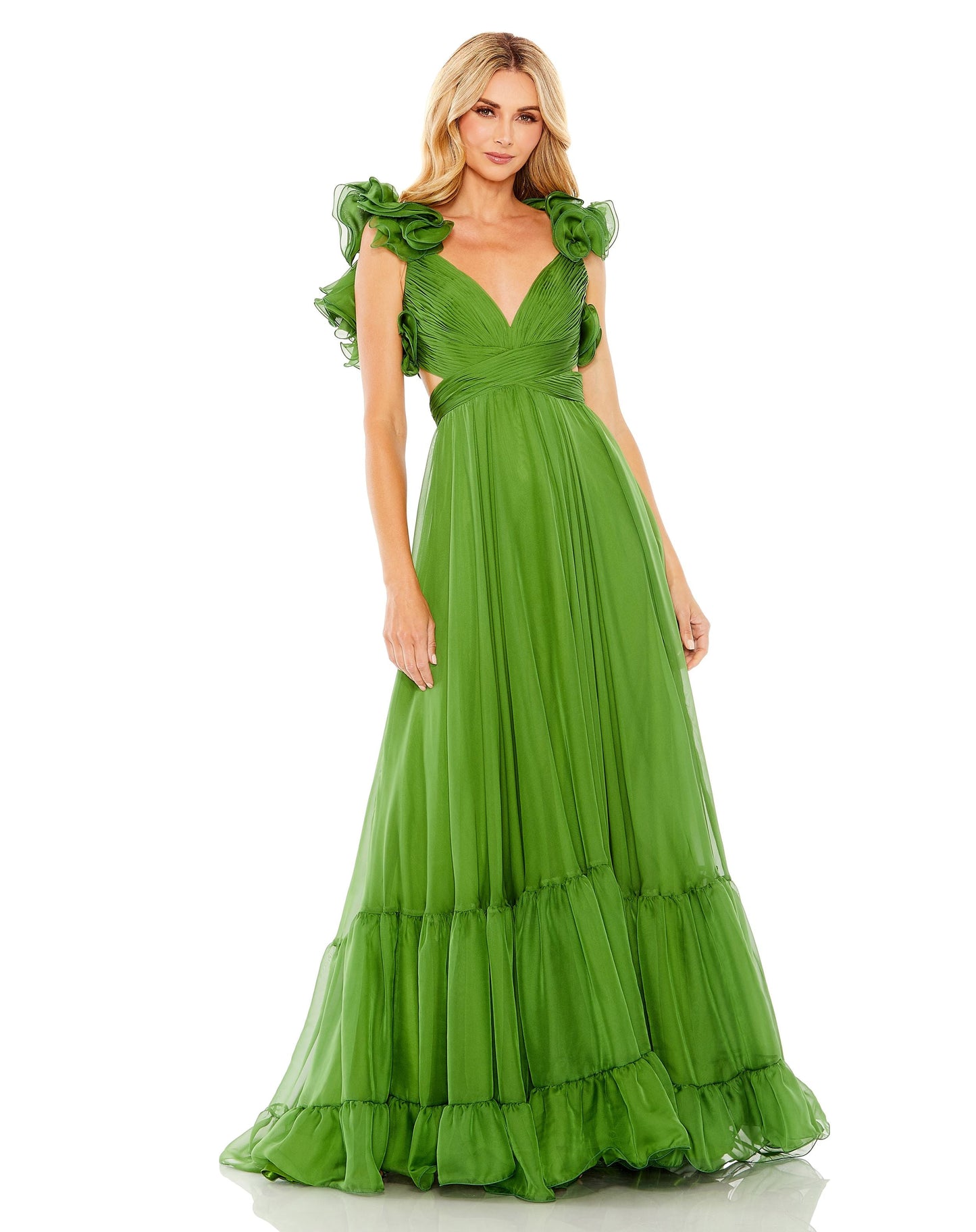 Chiffonkleid mit Stufenausschnitt, Rüschen und Cut-Out