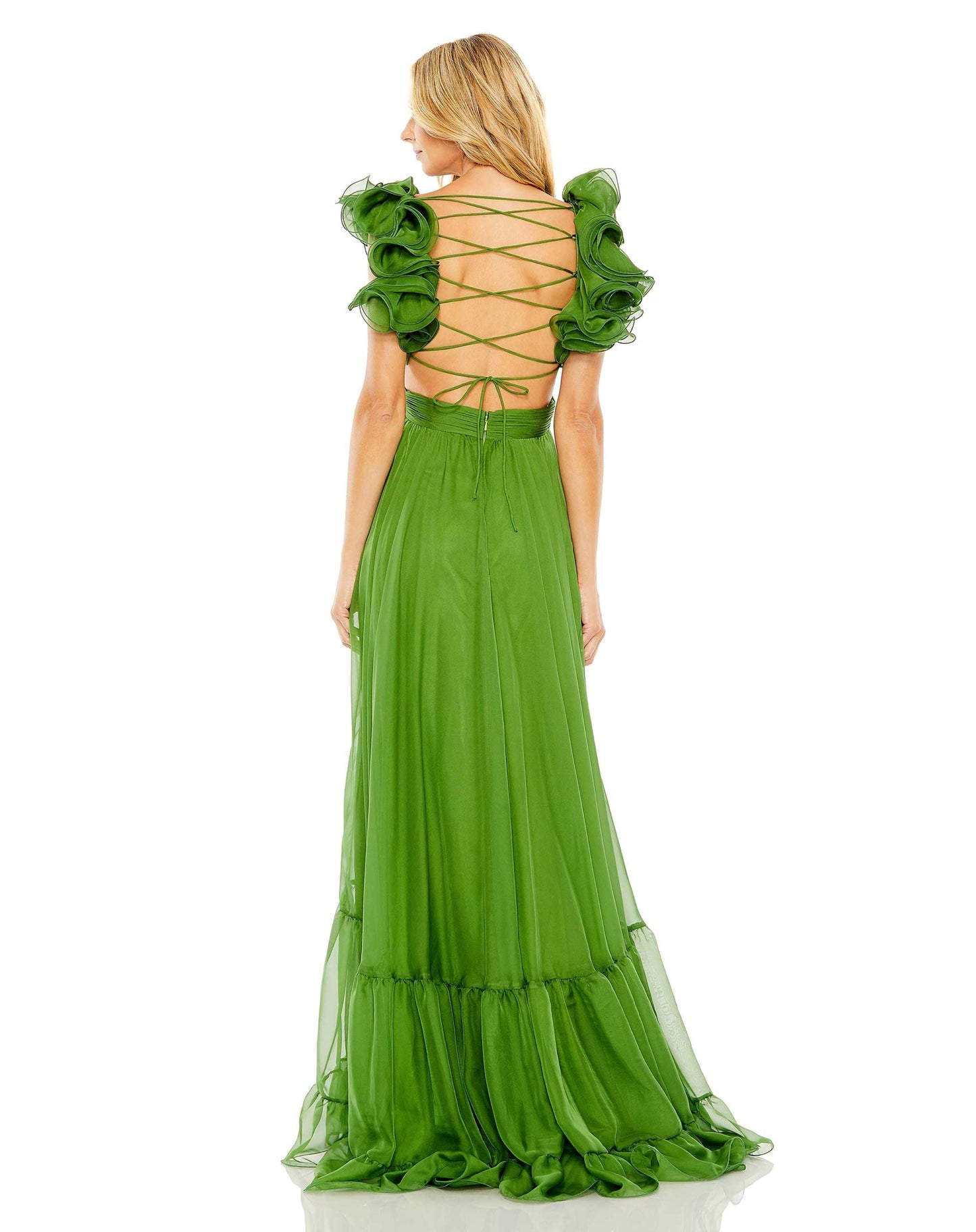 Chiffonkleid mit Stufenausschnitt, Rüschen und Cut-Out