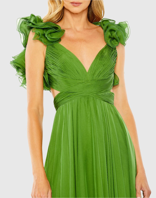 Green Ruffle Tiered Cut-Out Chiffon Gown