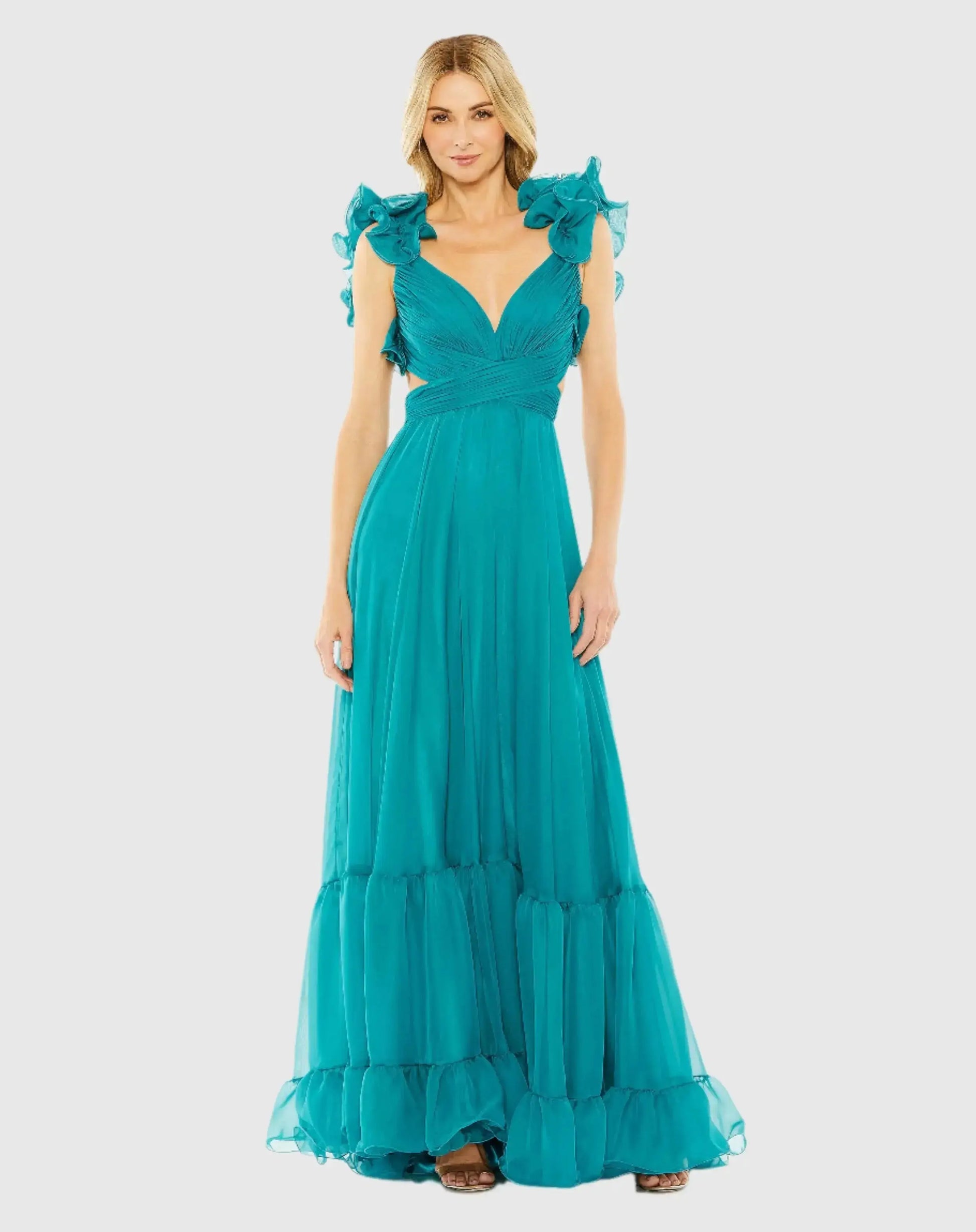 mac duggal ruffle-sleeve v-neck tiered chiffon maxi dress Mac Duggal Ruffle-Sleeve V-Neck Tiered Chiffon Maxi Dress