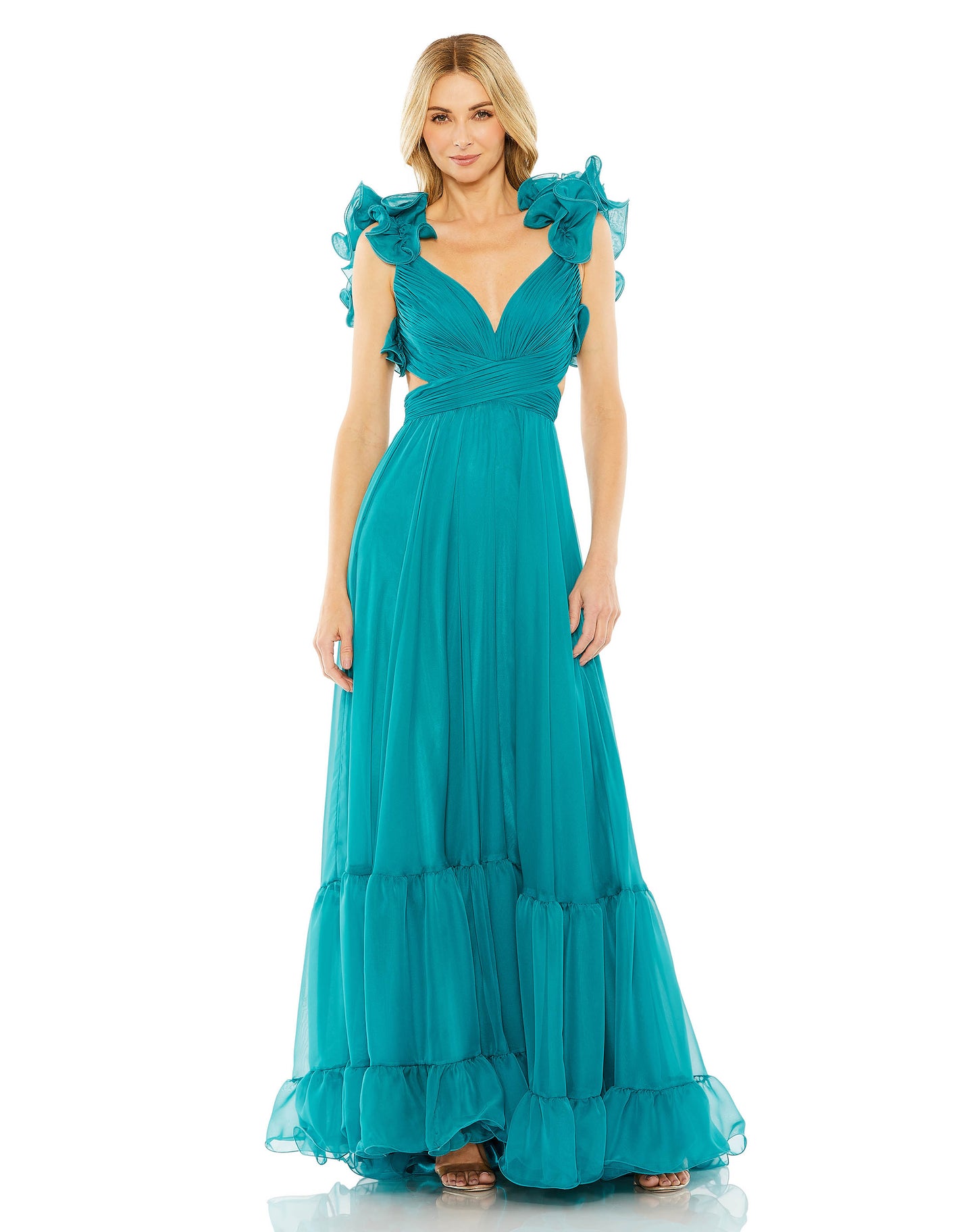 Ruffle Tiered Cut-Out Chiffon Gown