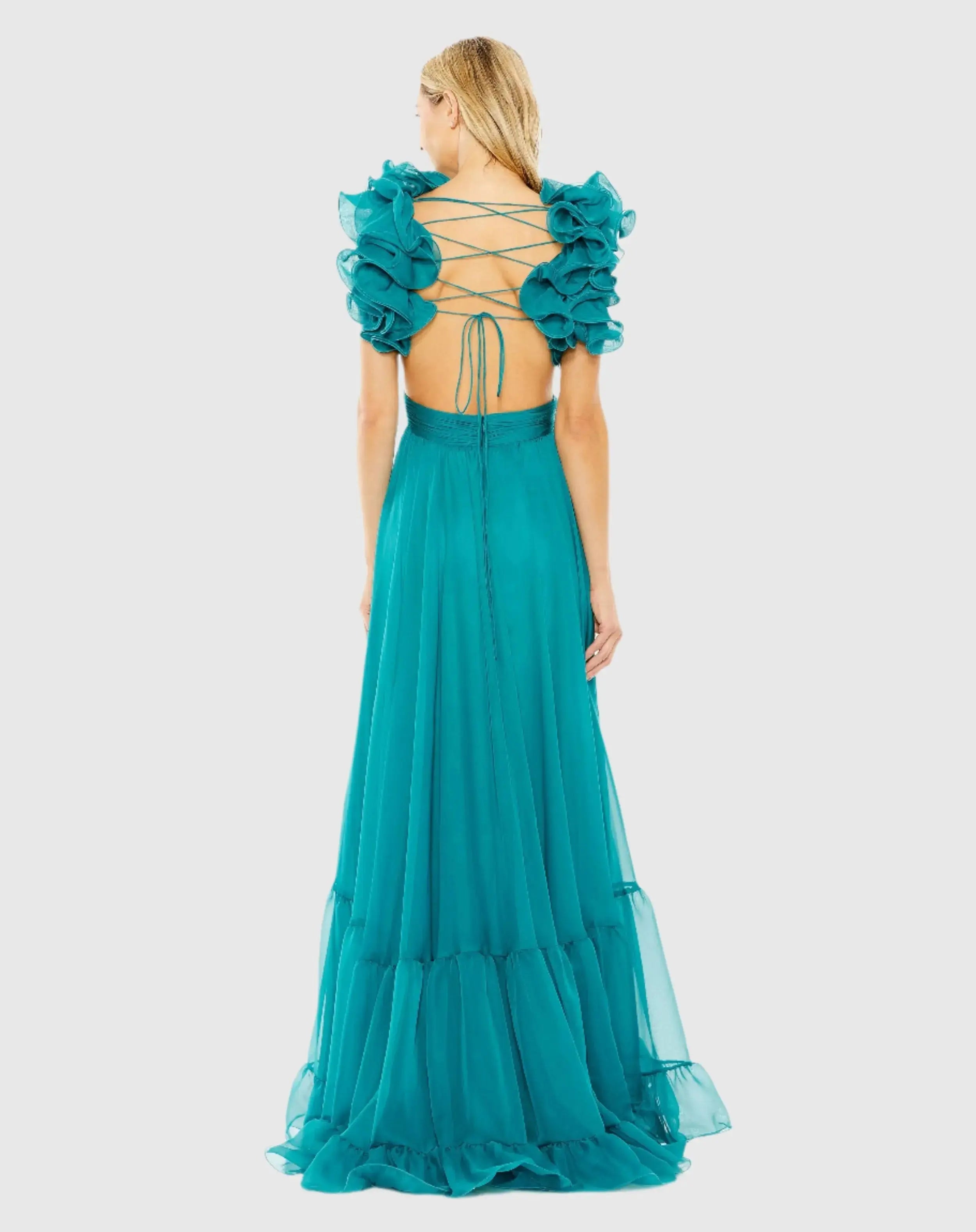 Blue Ruffle Tiered Cut-Out Chiffon Gown - Mac Duggal