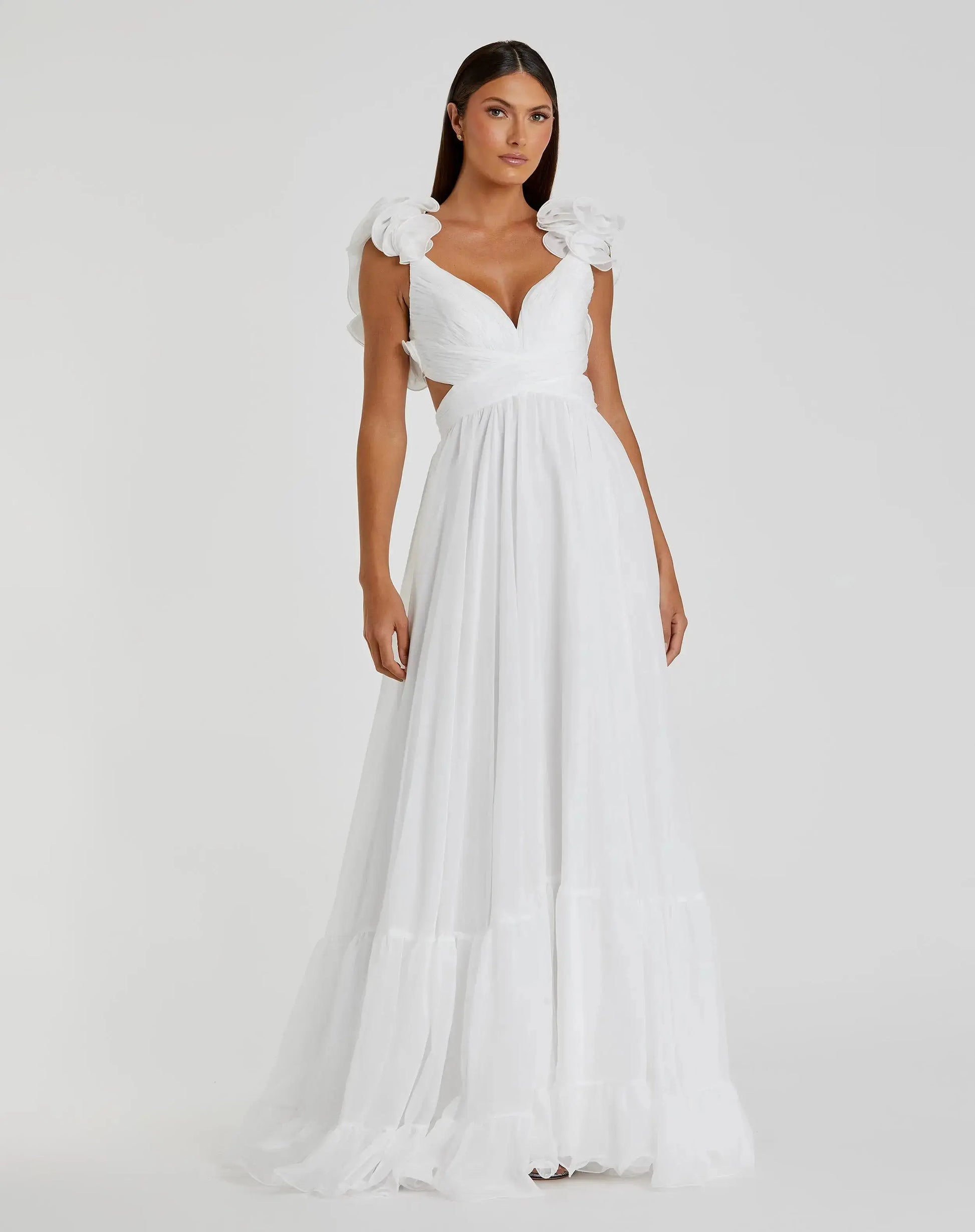 White Ruffle Tiered Cut-Out Chiffon Gown White Ruffle Tiered Cut-Out Chiffon Gown