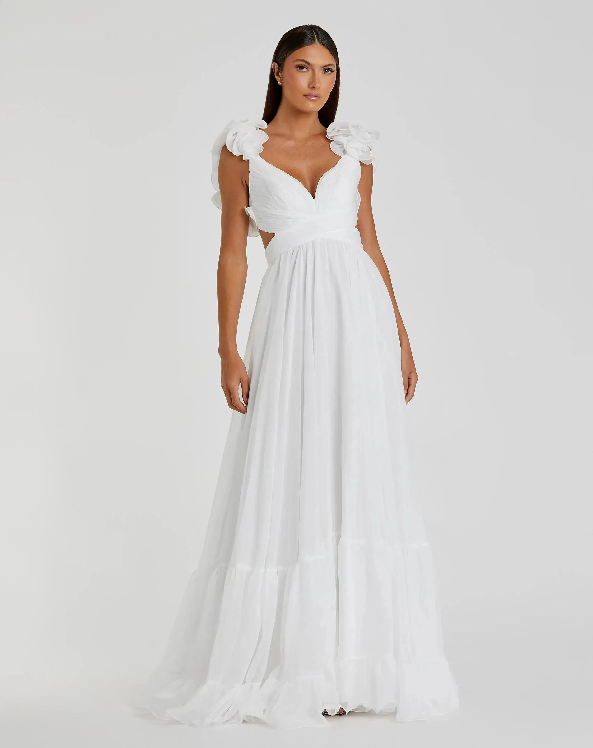 Ieena for Mac Duggal - White Faux Wrap Sleeveless Flowy Midi Dress