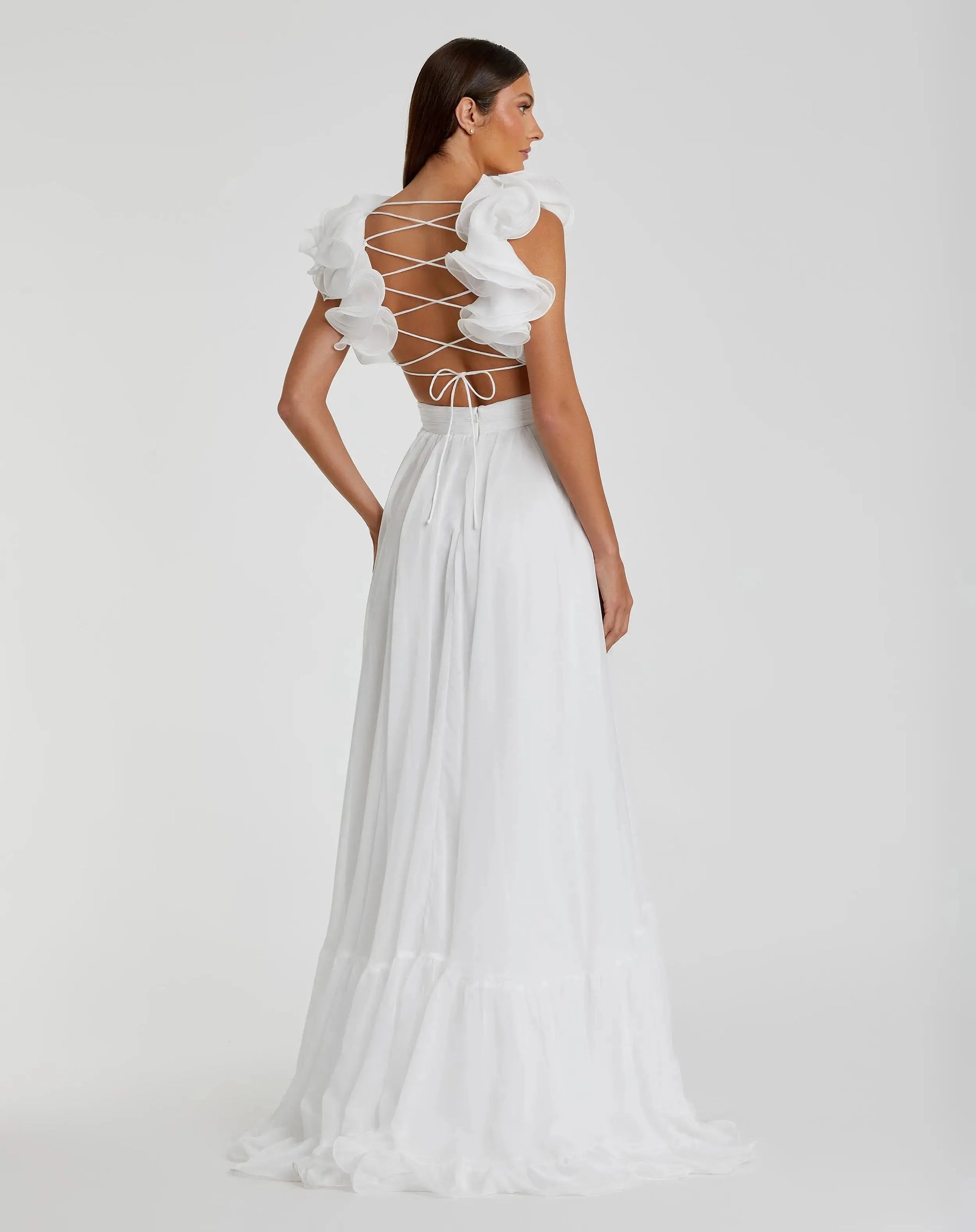 White Ruffle Tiered Cut-Out Chiffon Gown | Mac Duggal White Ruffle Tiered Cut-Out Chiffon Gown | Mac Duggal