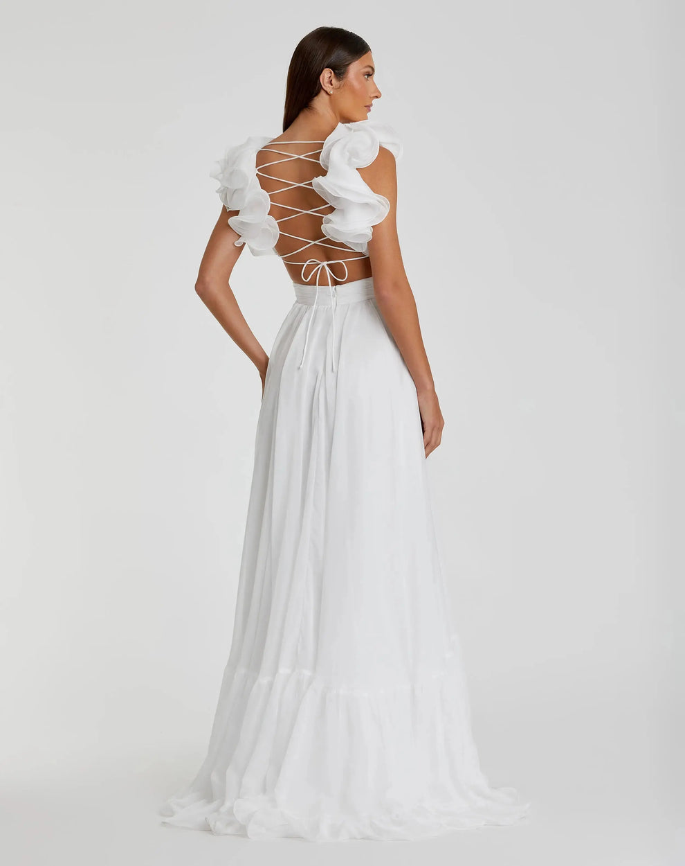 White Ruffle Tiered Cut-Out Chiffon Gown | Mac Duggal