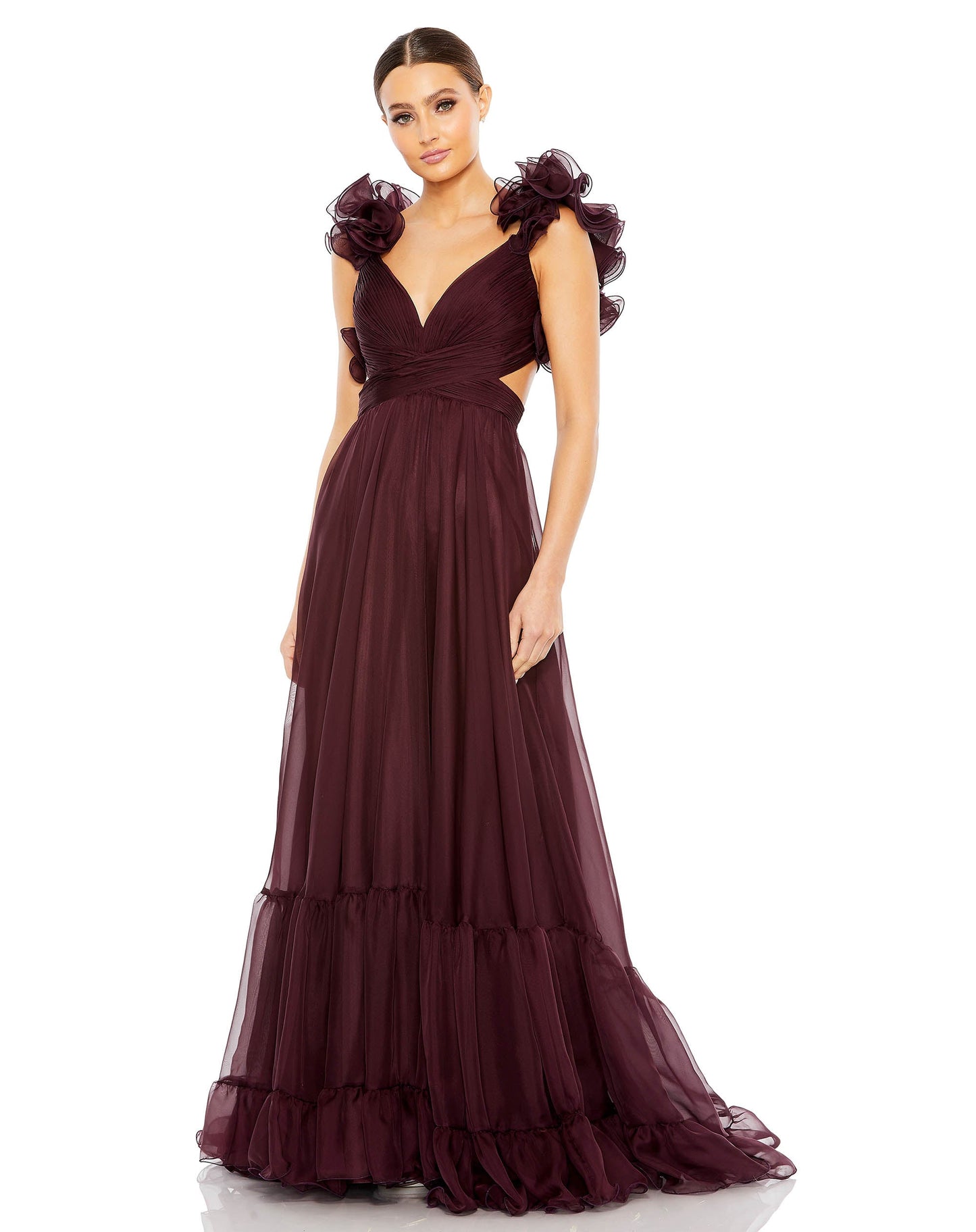 Ruffle Tiered Cut-Out Chiffon Gown