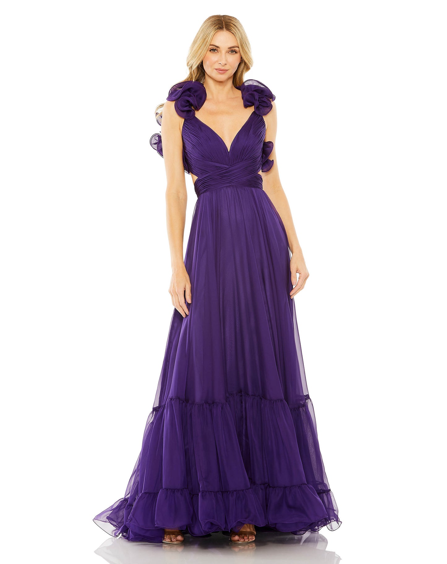 Ruffle Tiered Cut-Out Chiffon Gown