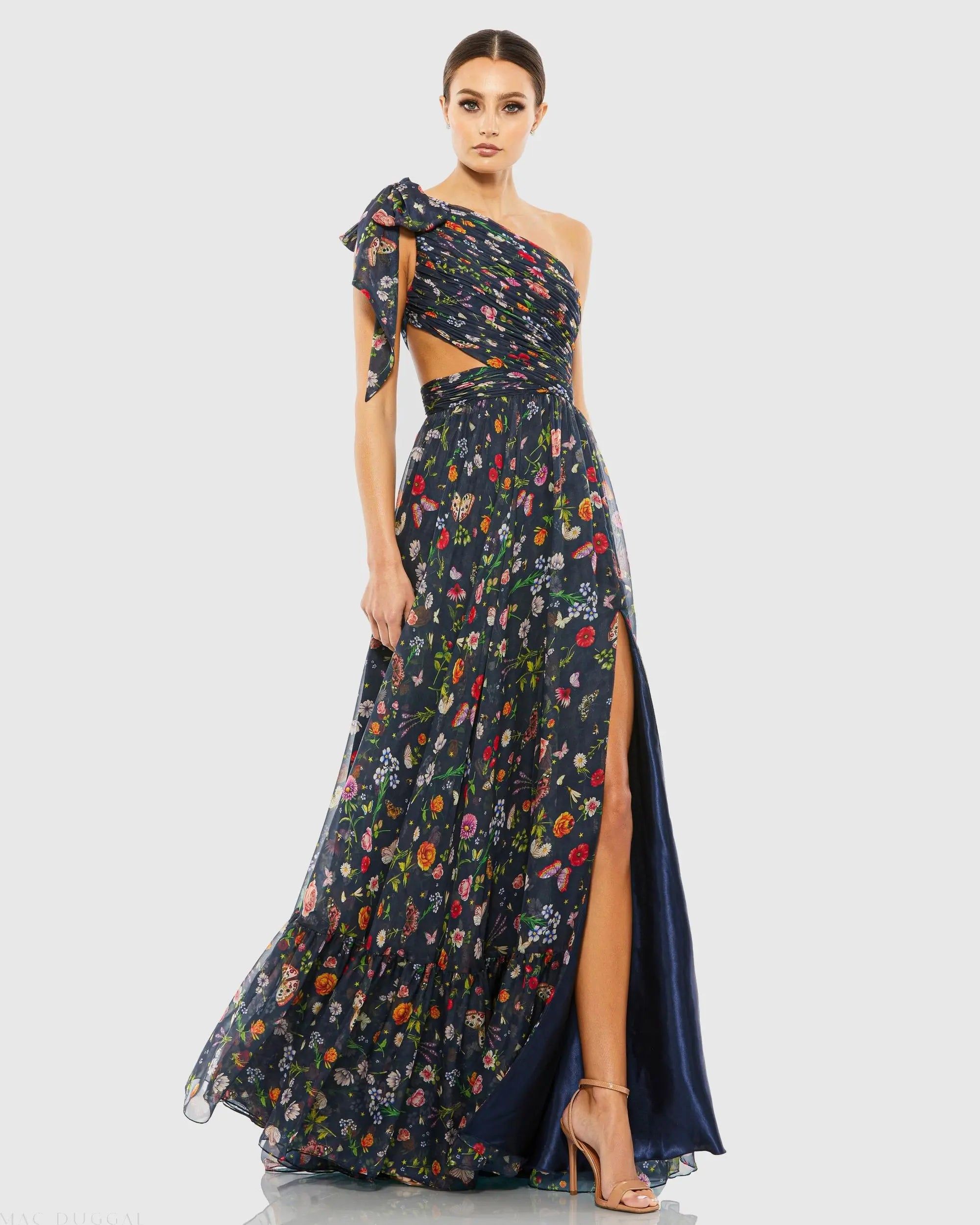 Navy Tied One Shoulder Cut-Out Flowy Gown Ieena for Mac Duggal